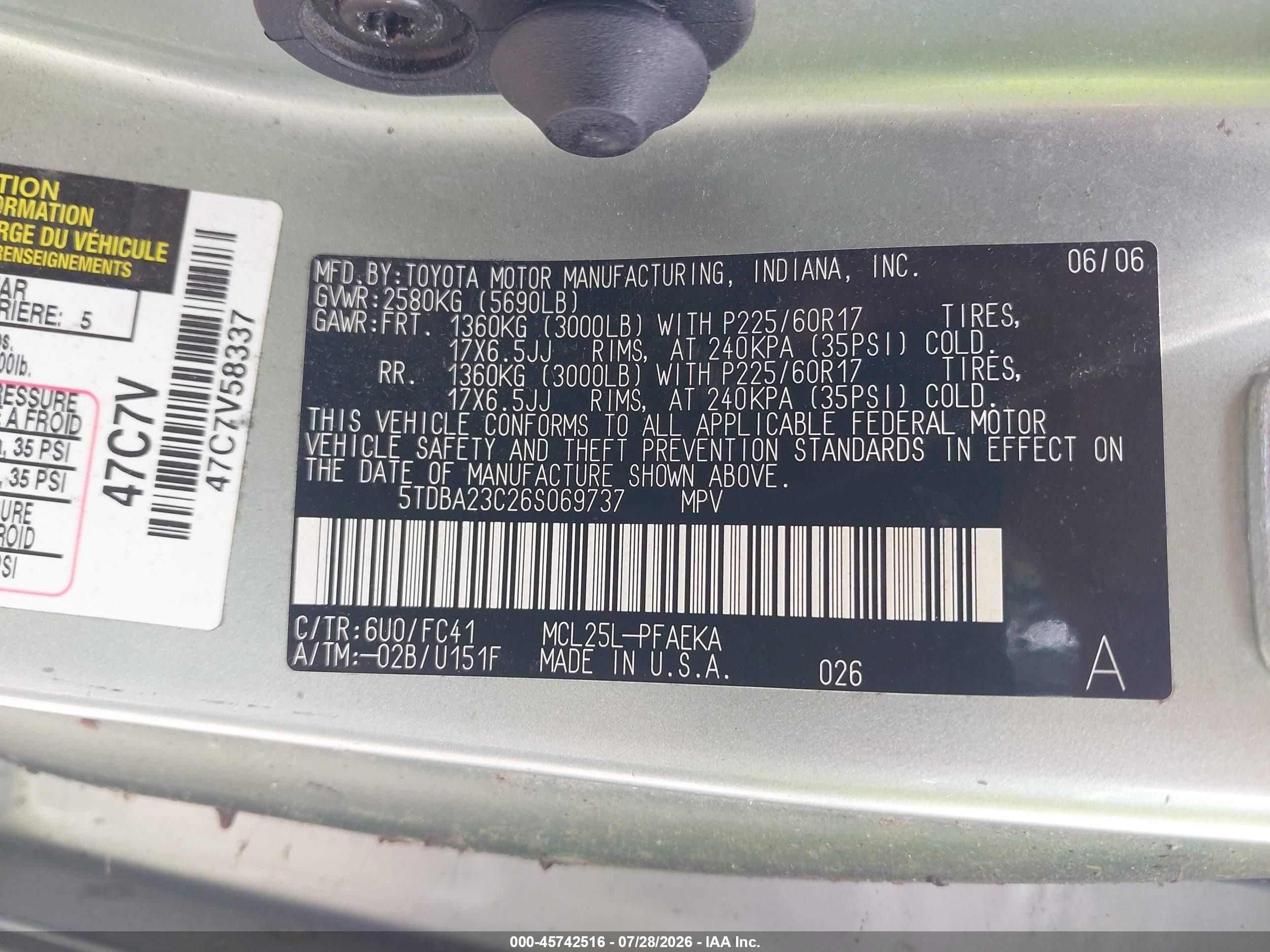 2006 Toyota Sienna Le Green vin: 5TDBA23C26S069737
