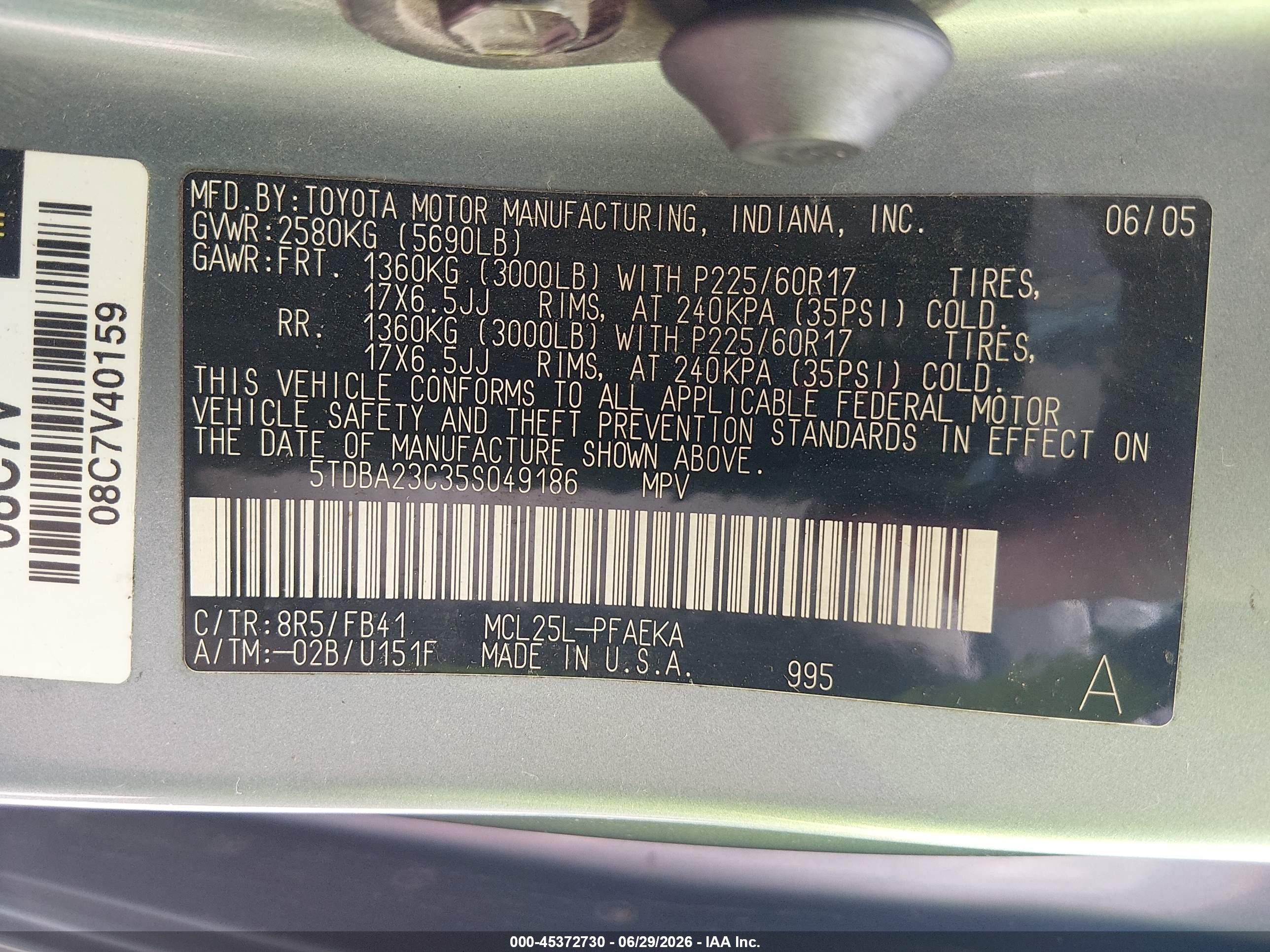 2005 Toyota Sienna Le Blue vin: 5TDBA23C35S049186