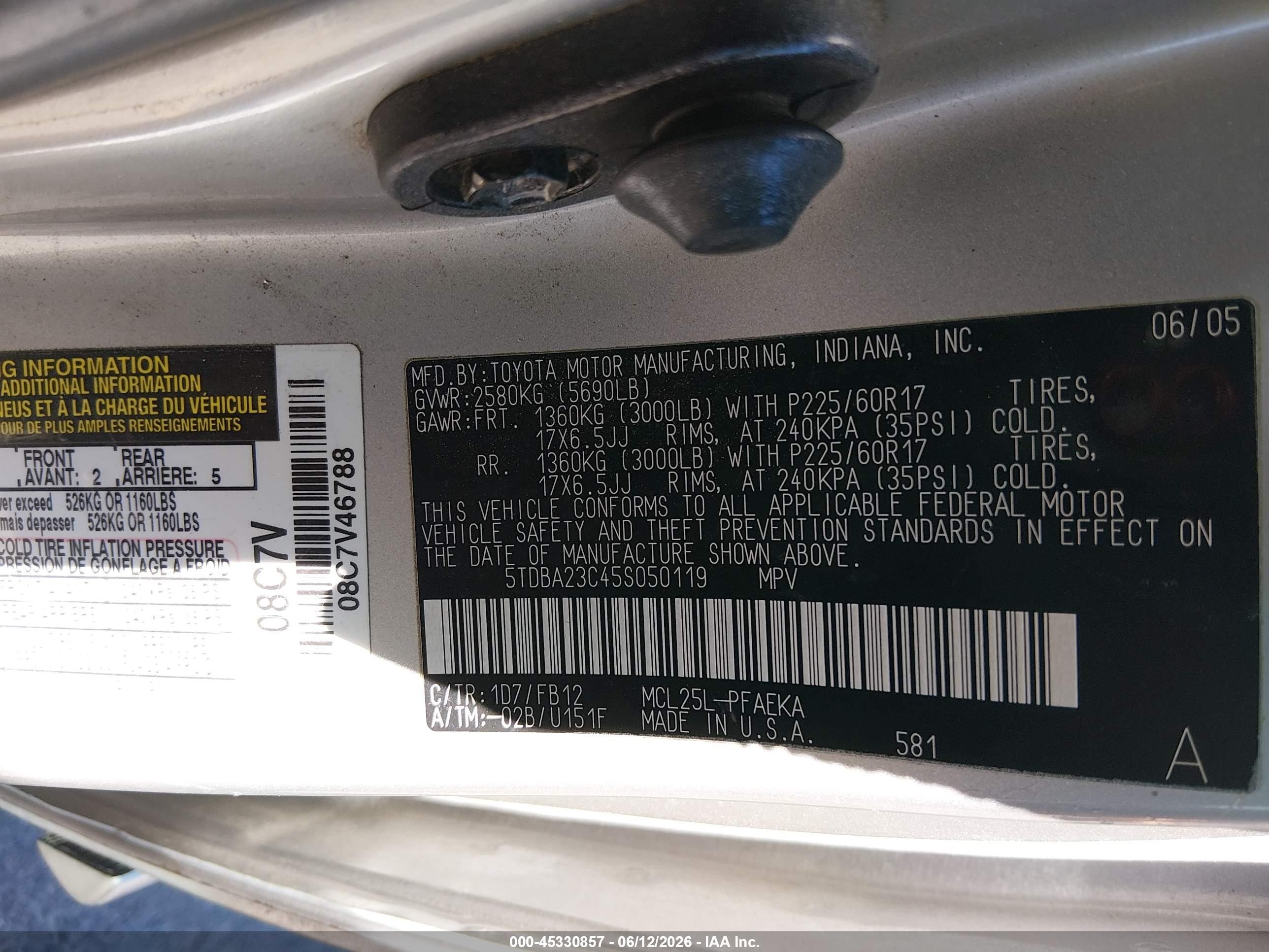 2005 Toyota Sienna Le Серебряный vin: 5TDBA23C45S050119