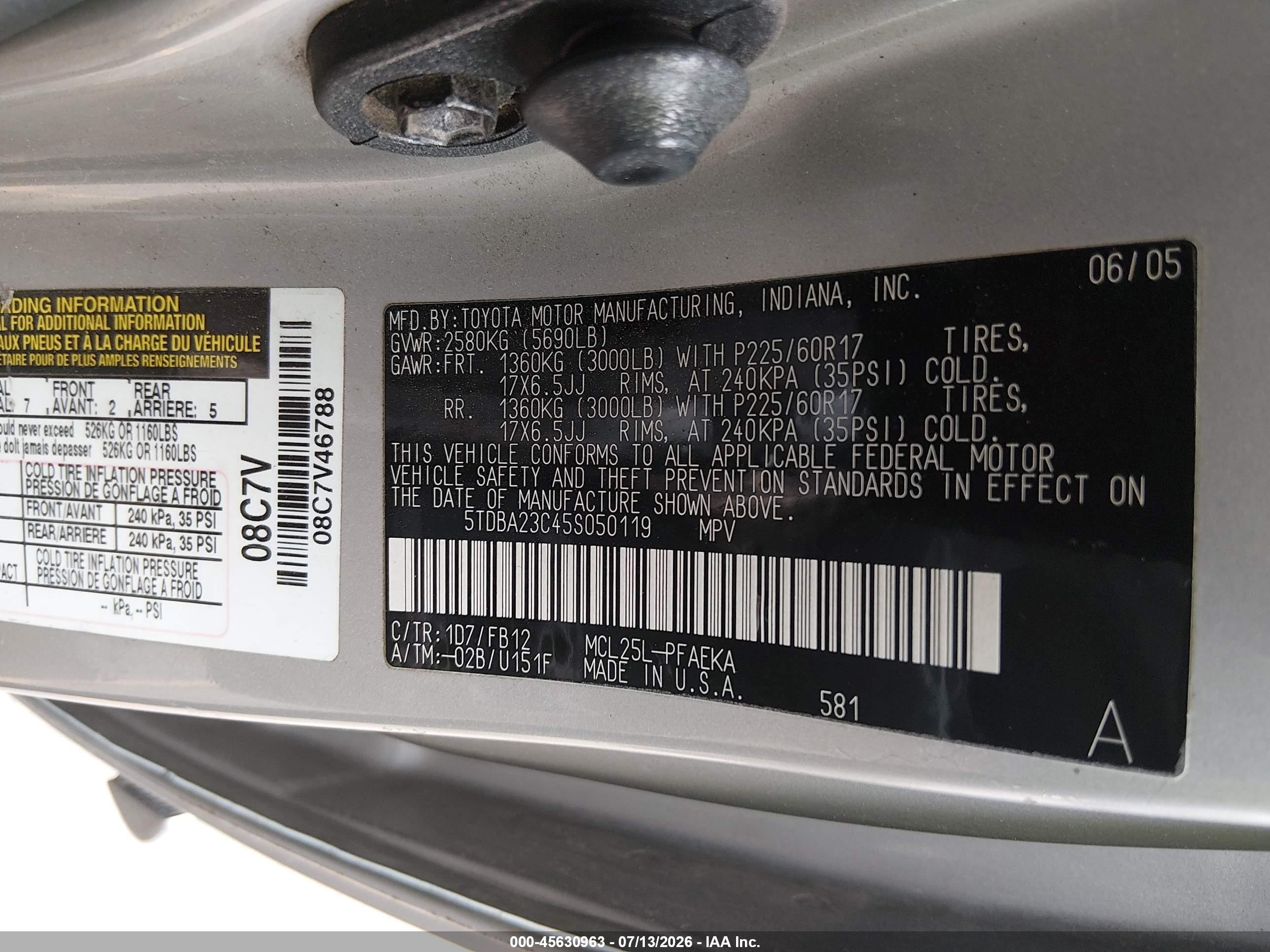 2005 Toyota Sienna Le Gray vin: 5TDBA23C45S050119
