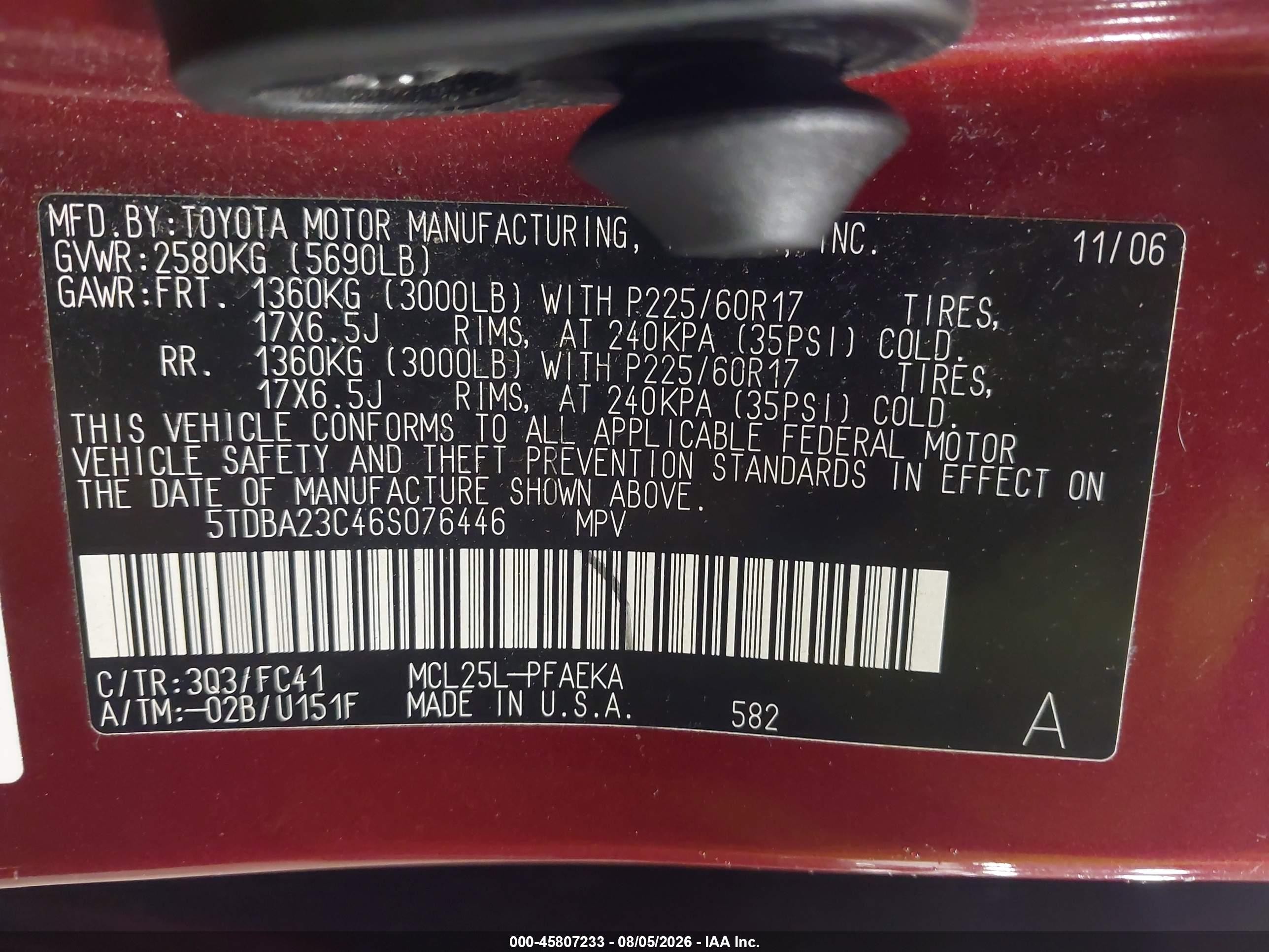 2006 Toyota Sienna Le Red vin: 5TDBA23C46S076446