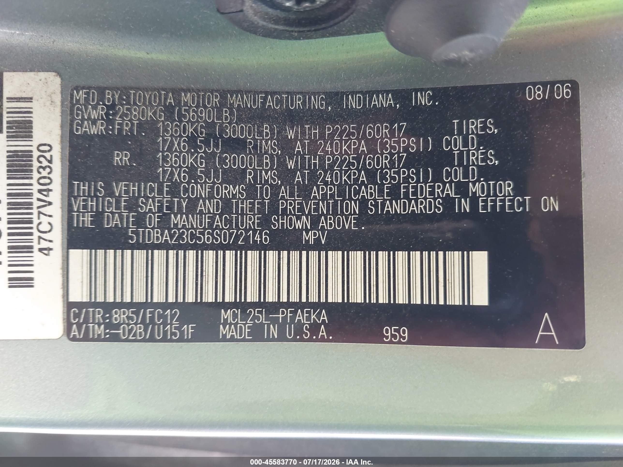 2006 Toyota Sienna Le Blue vin: 5TDBA23C56S072146
