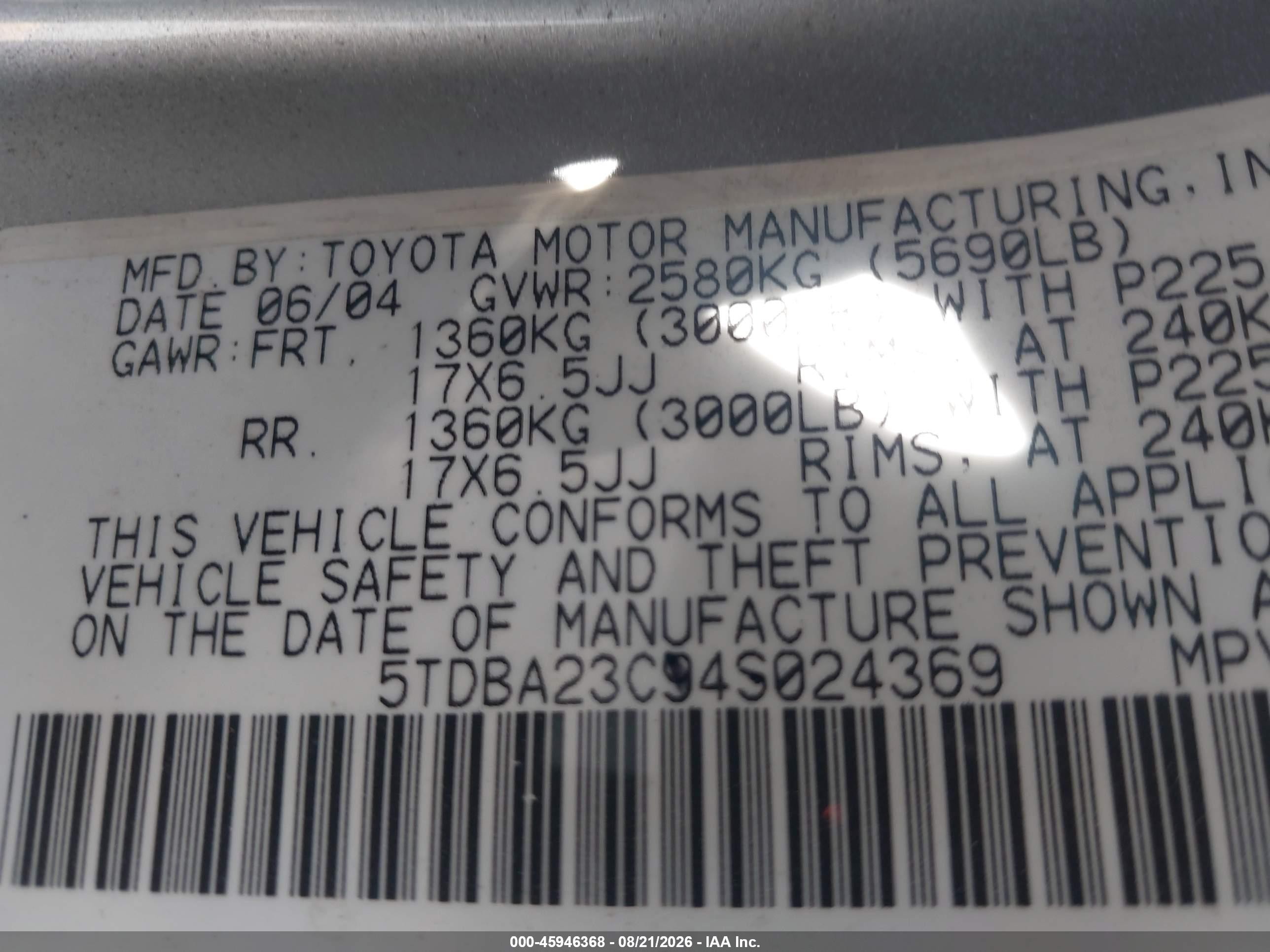 2004 Toyota Sienna Le Silver vin: 5TDBA23C94S024369