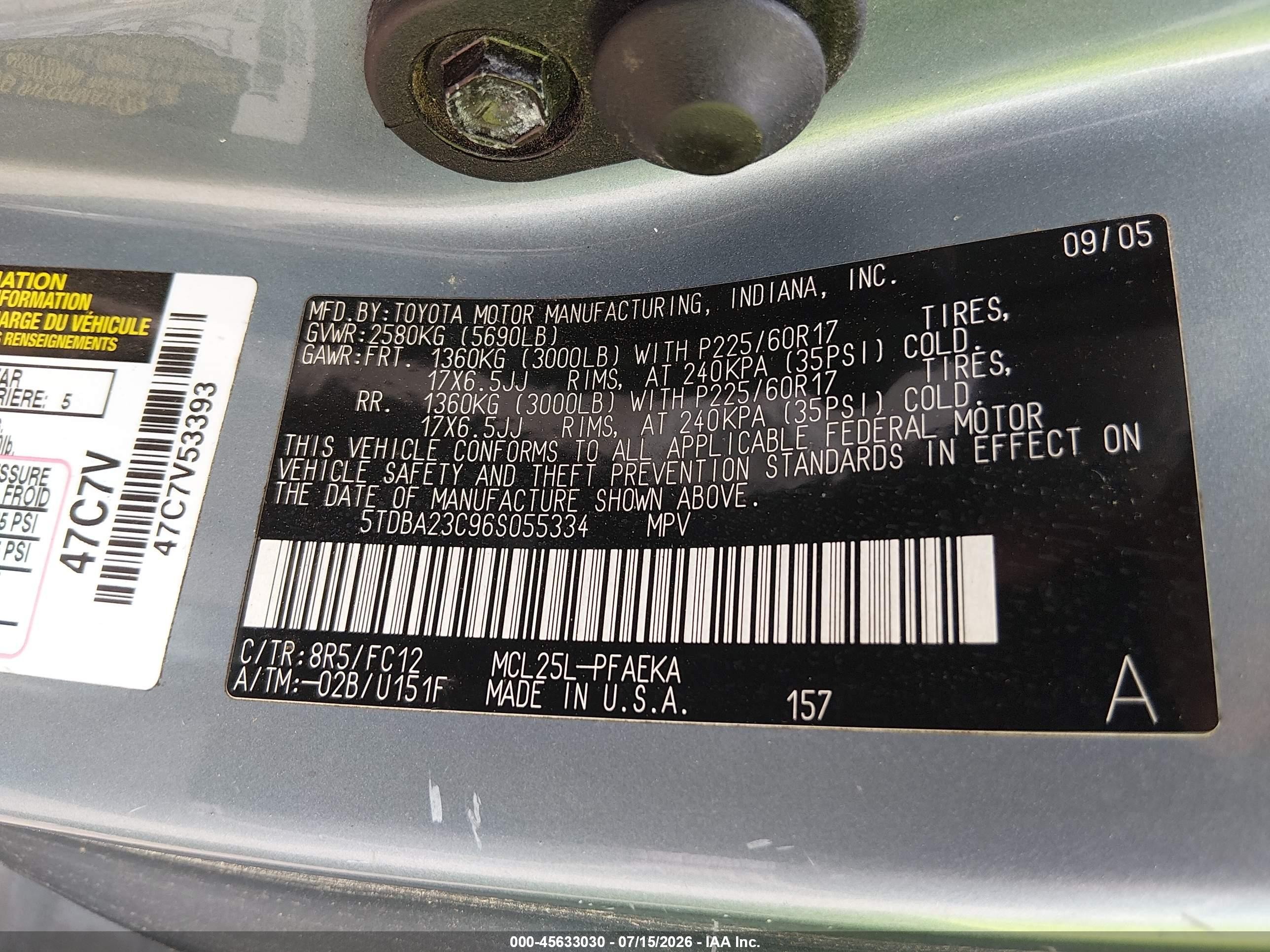 2006 Toyota Sienna Le Blue vin: 5TDBA23C96S055334