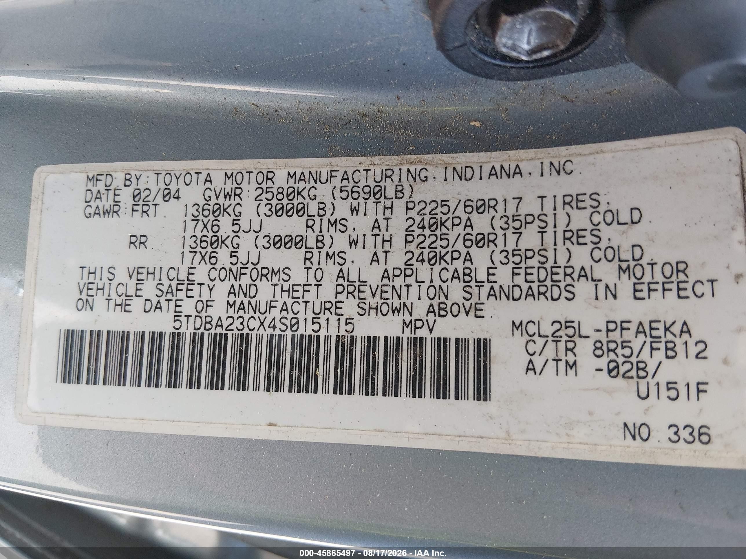 2004 Toyota Sienna Le Gray vin: 5TDBA23CX4S015115
