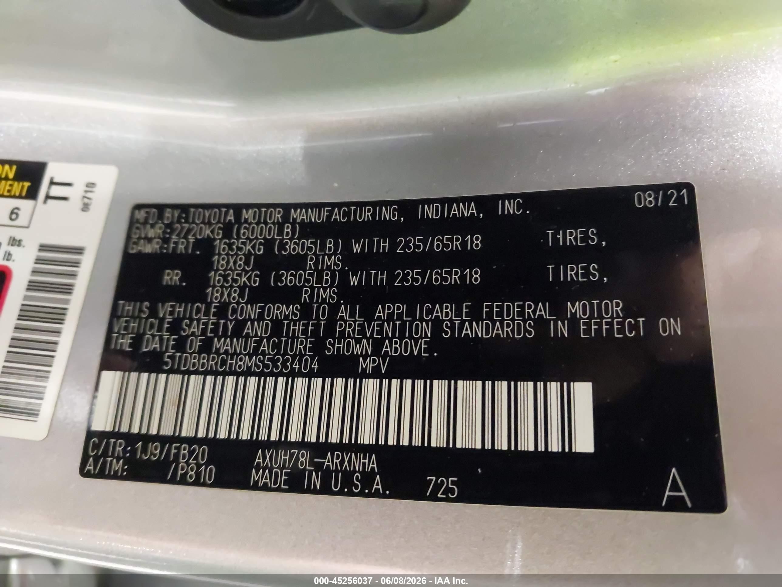 2021 Toyota Highlander Hybrid Le Silver vin: 5TDBBRCH8MS533404