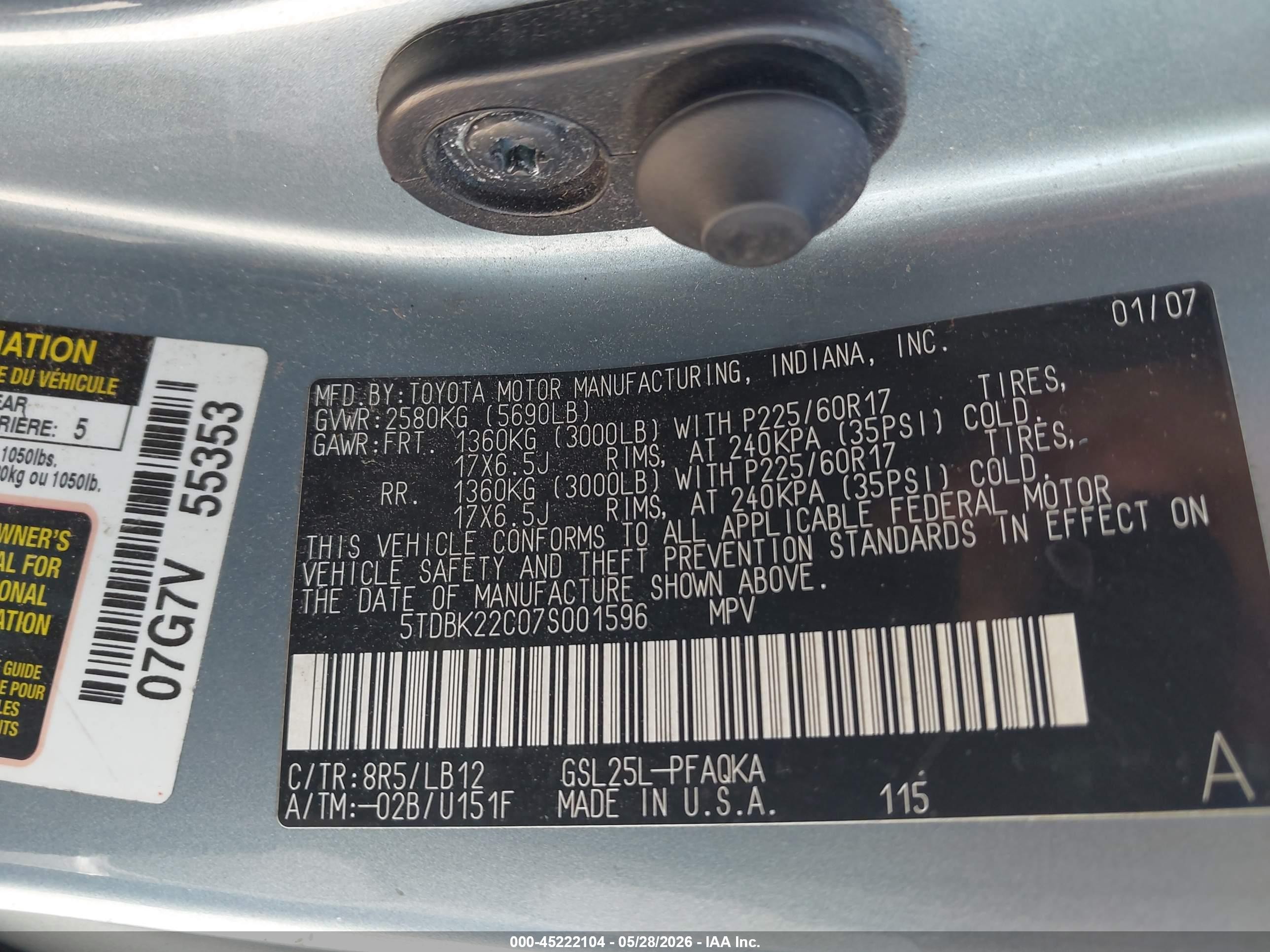 2007 Toyota Sienna Xle Limited Teal vin: 5TDBK22C07S001596