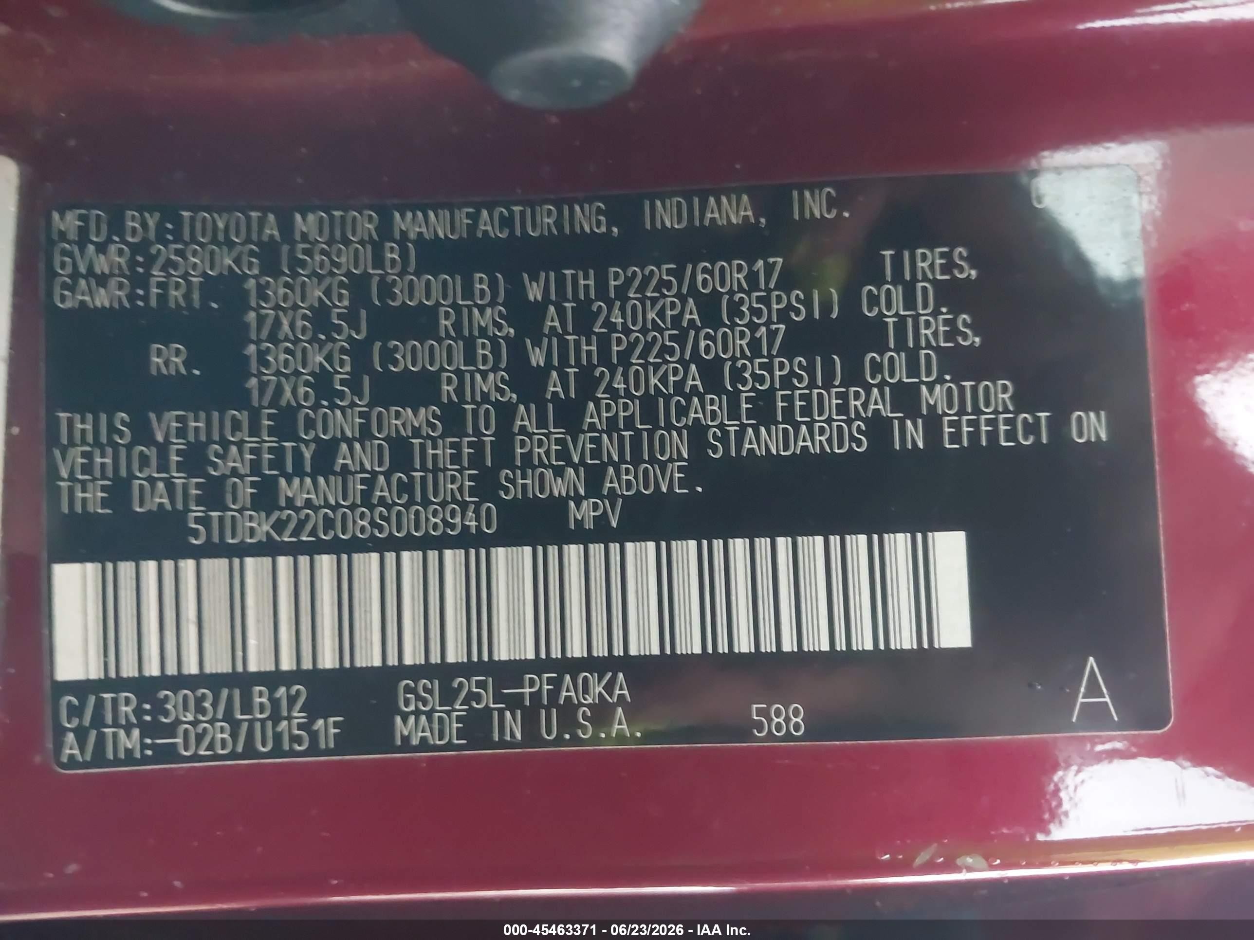 2008 Toyota Sienna Limited Красный vin: 5TDBK22C08S008940