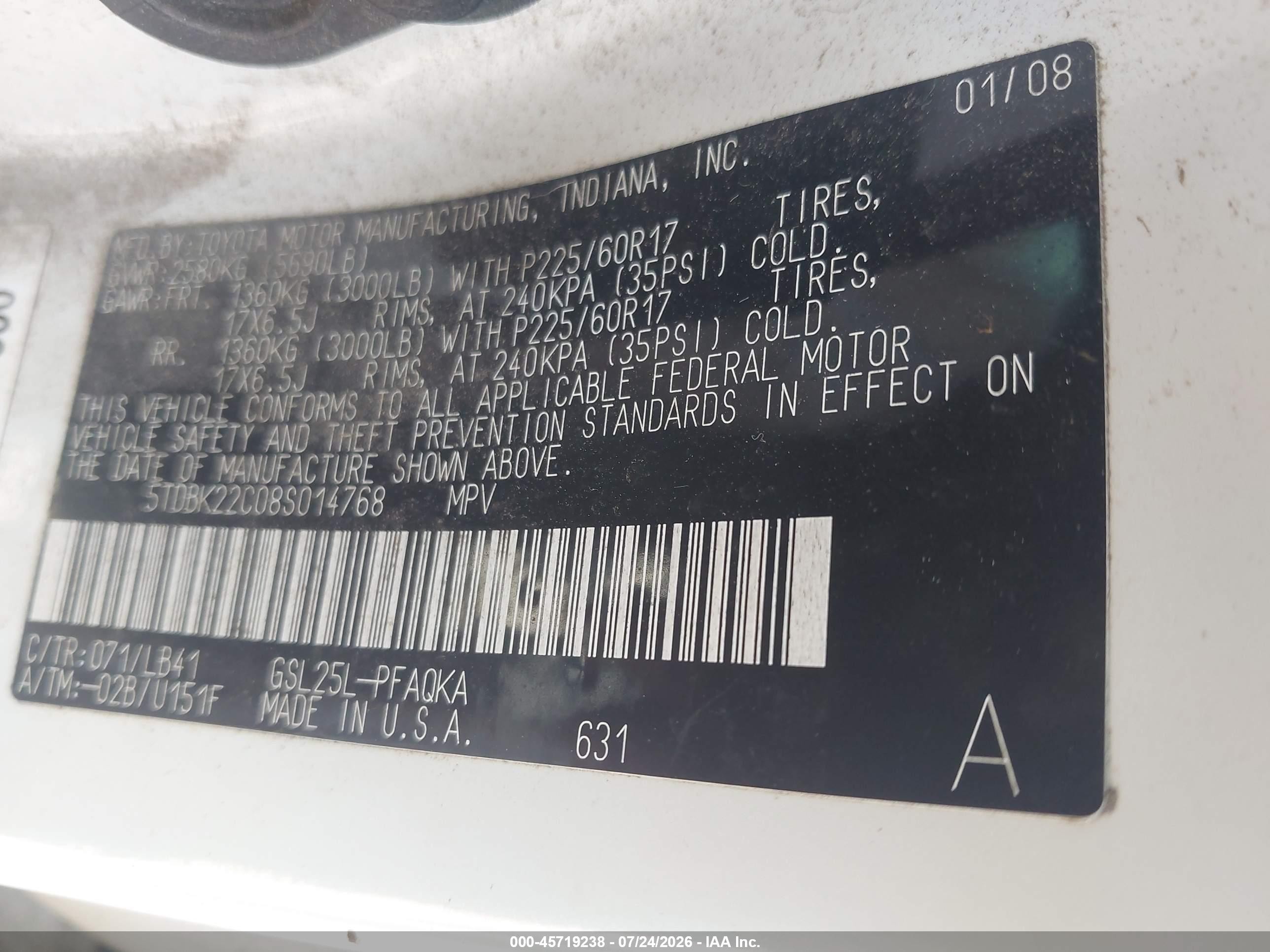 2008 Toyota Sienna Limited Белый vin: 5TDBK22C08S014768