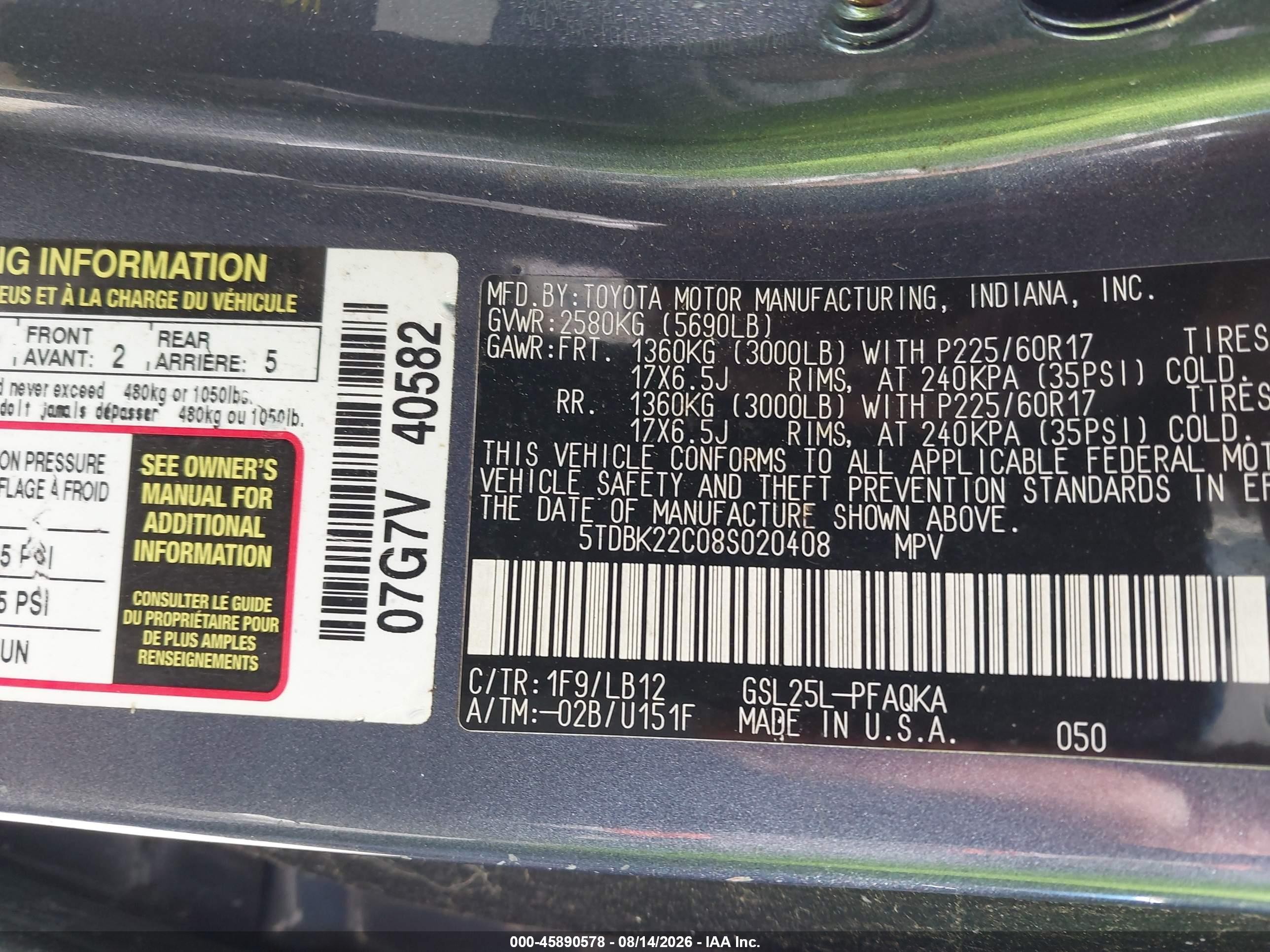 2008 Toyota Sienna Limited Gray vin: 5TDBK22C08S020408