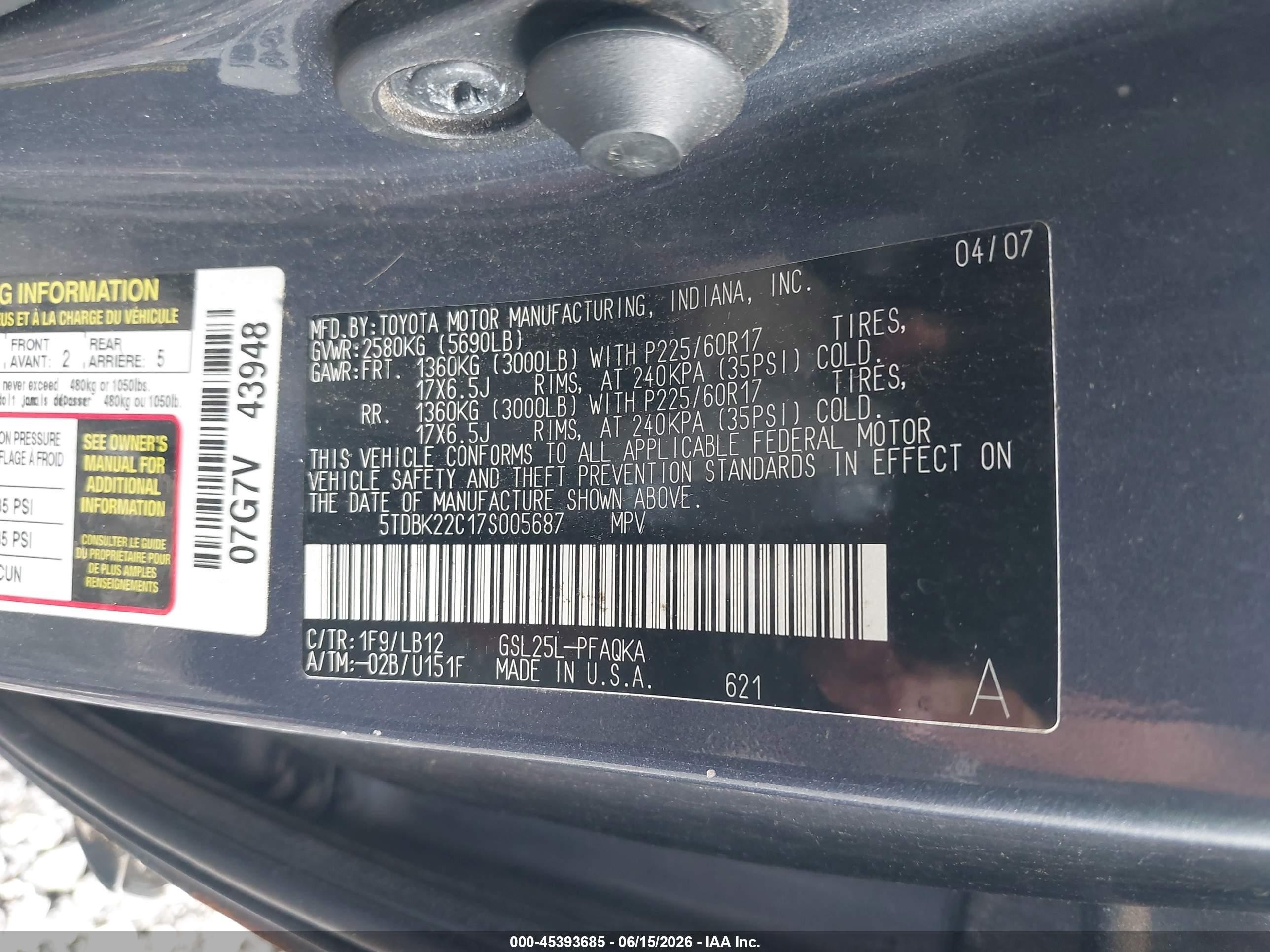 2007 Toyota Sienna Xle Limited Gray vin: 5TDBK22C17S005687