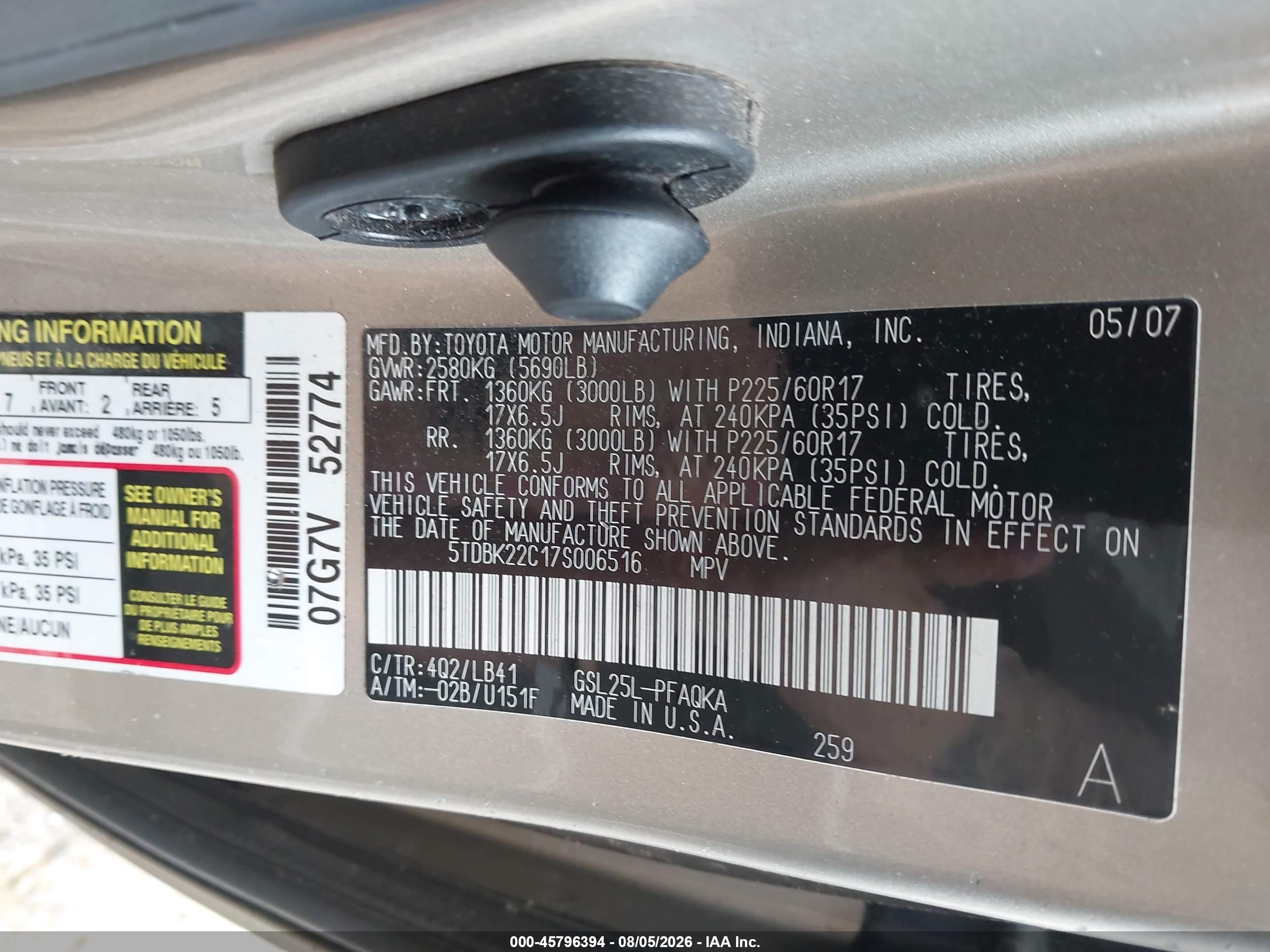 2007 Toyota Sienna Xle Limited Gold vin: 5TDBK22C17S006516