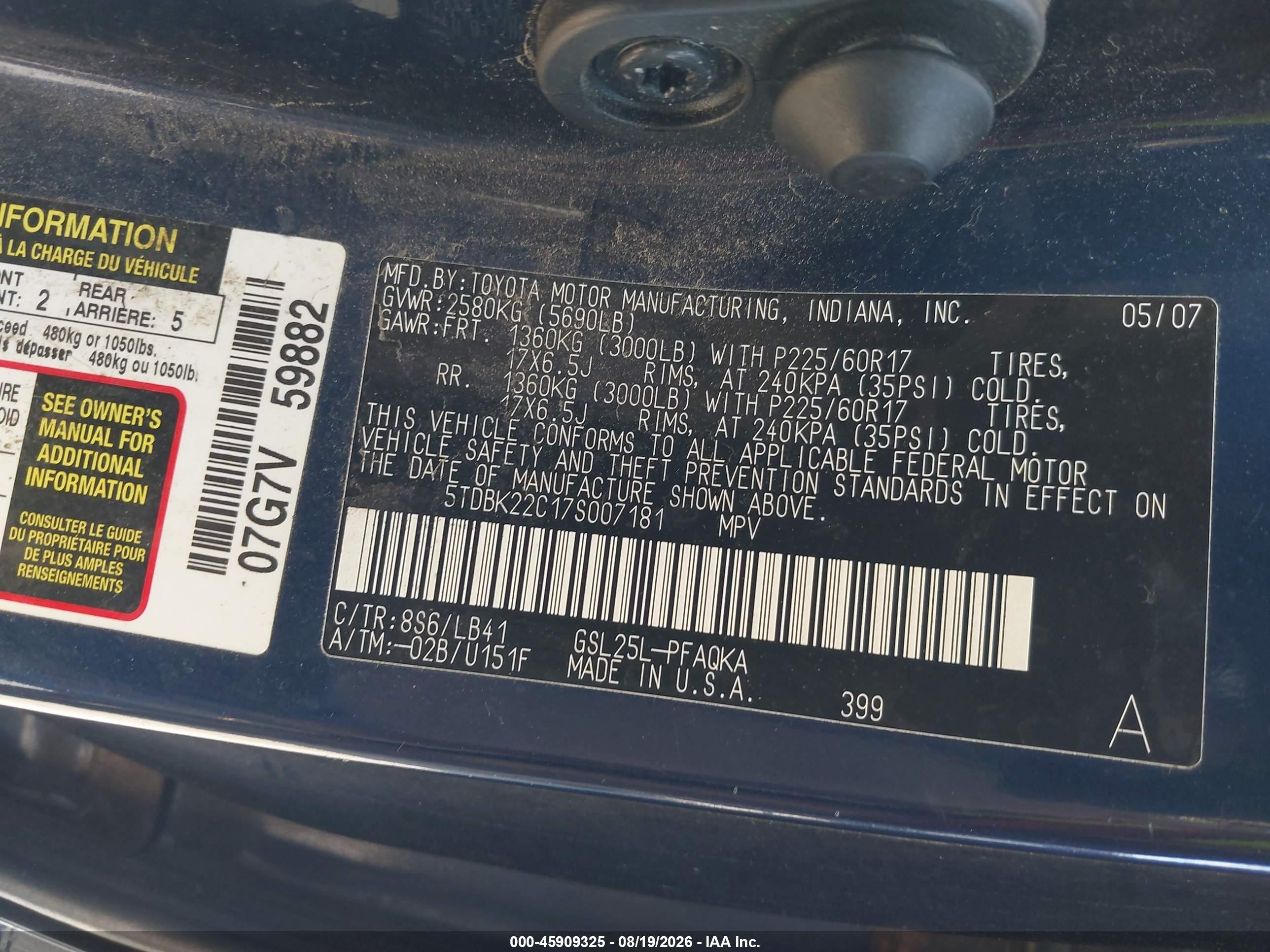 2007 Toyota Sienna Xle Limited Синий vin: 5TDBK22C17S007181