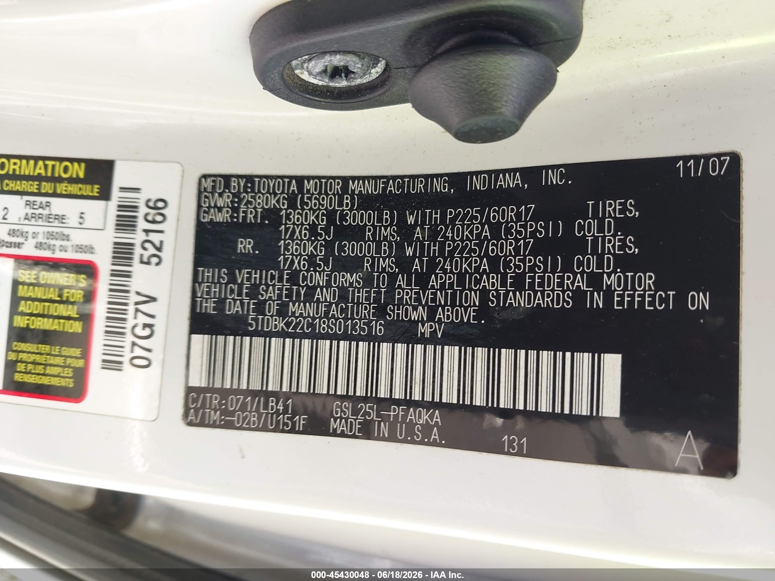 2008 Toyota Sienna Limited White vin: 5TDBK22C18S013516