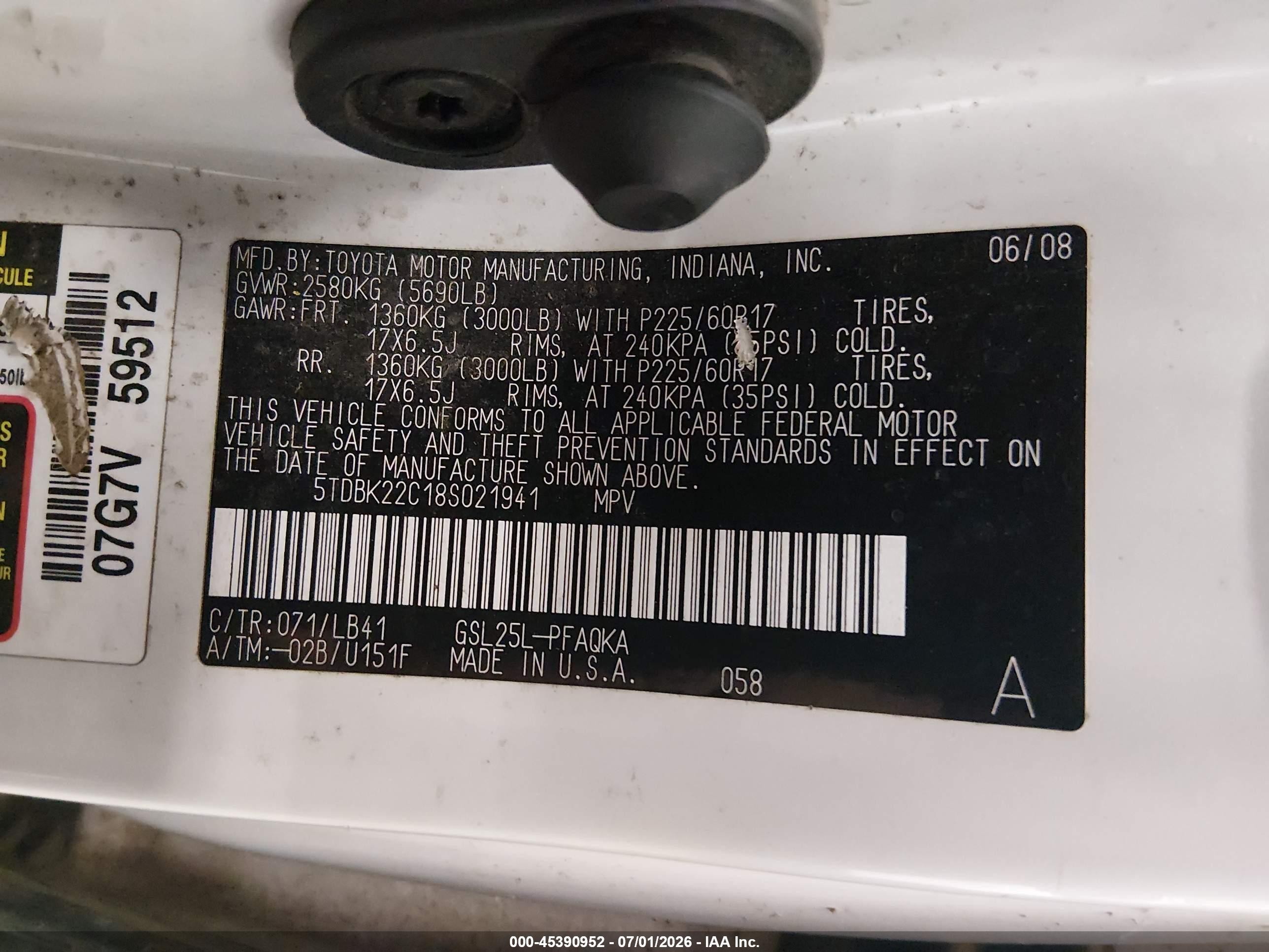 2008 Toyota Sienna Xle White vin: 5TDBK22C18S021941
