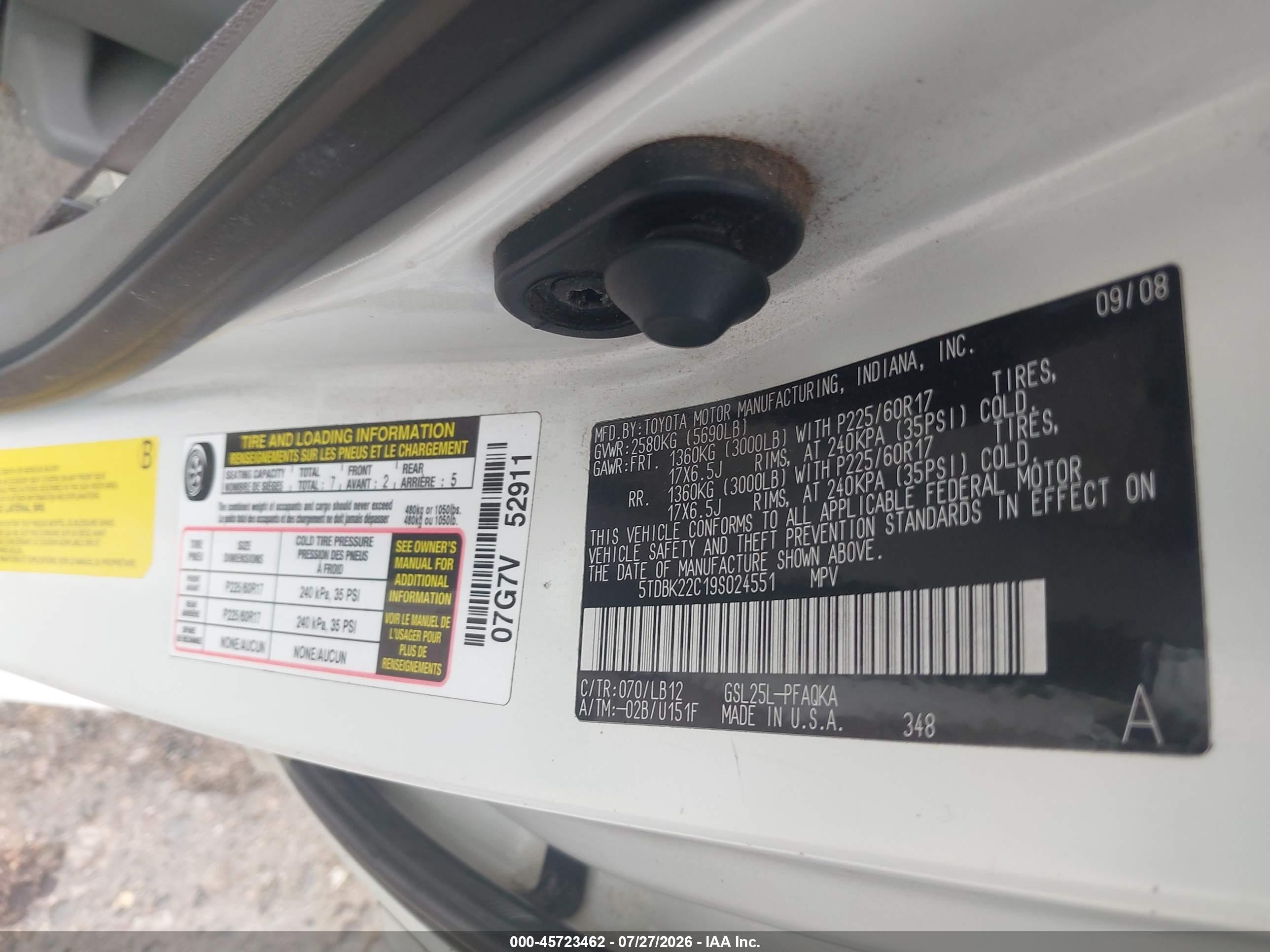 2009 Toyota Sienna Xle Белый vin: 5TDBK22C19S024551