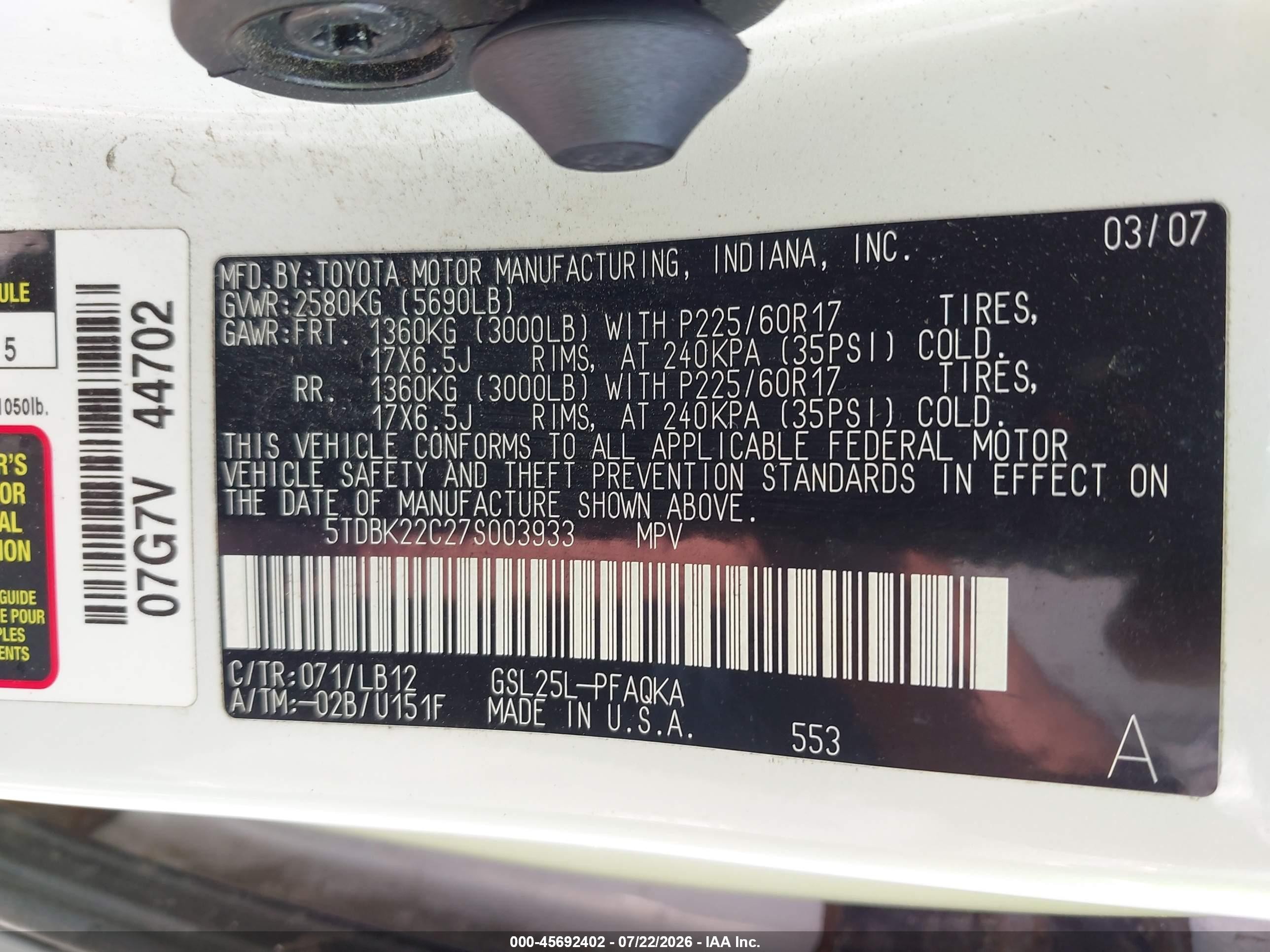 2007 Toyota Sienna Xle White vin: 5TDBK22C27S003933
