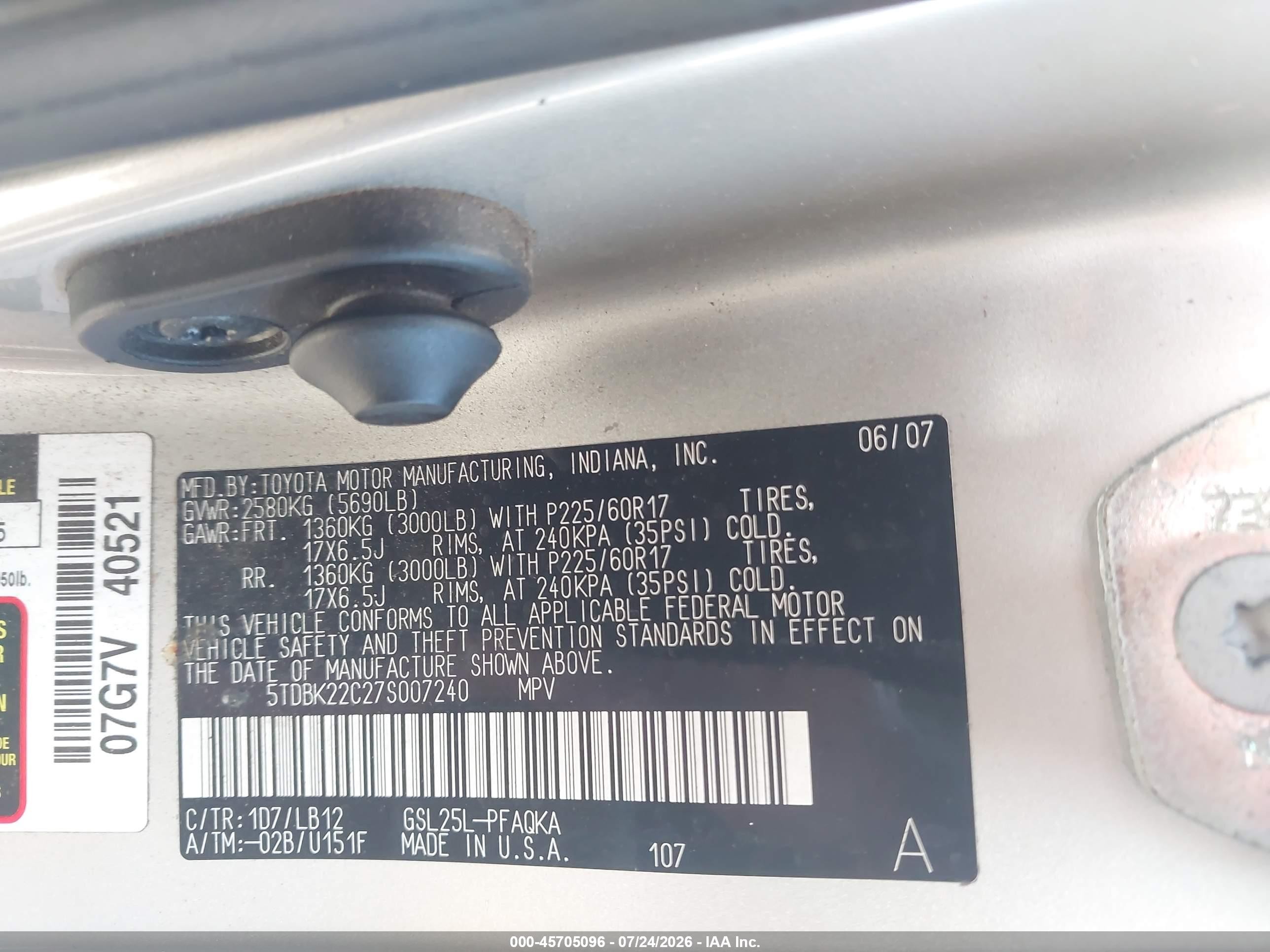 2007 Toyota Sienna Xle Gray vin: 5TDBK22C27S007240