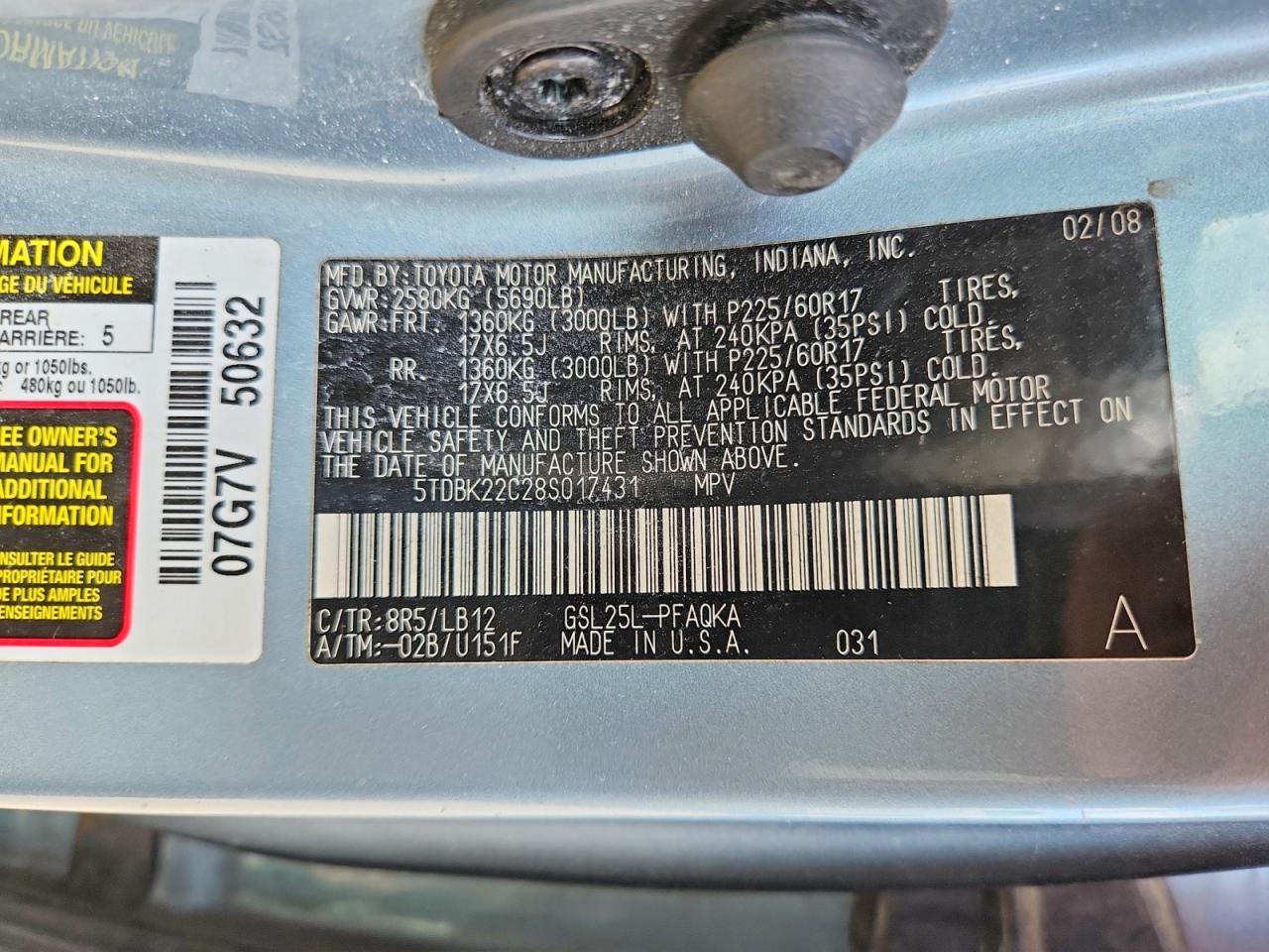 2008 Toyota Sienna Xle Limited Blue vin: 5TDBK22C28S017431