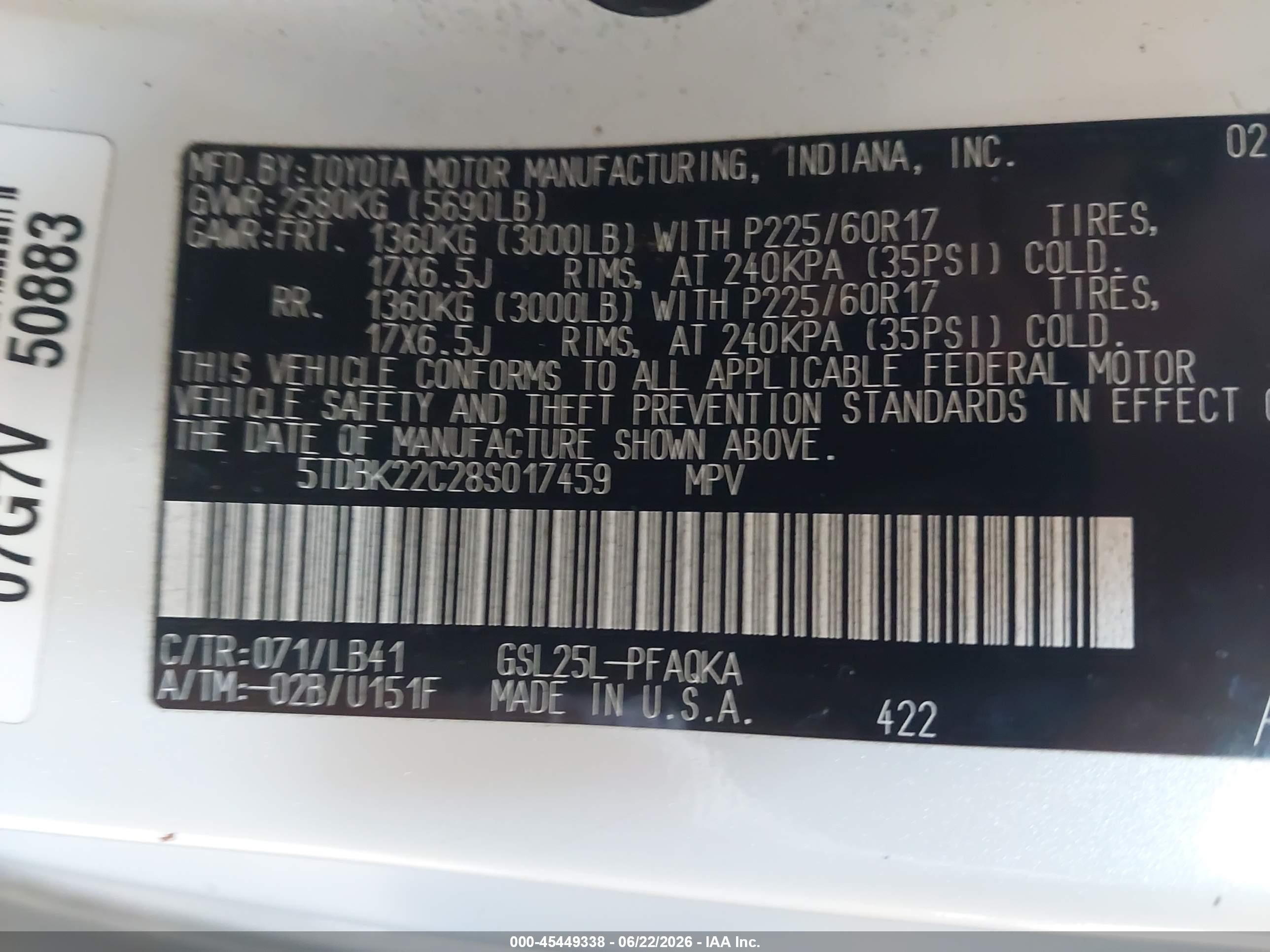 2008 Toyota Sienna Limited Белый vin: 5TDBK22C28S017459
