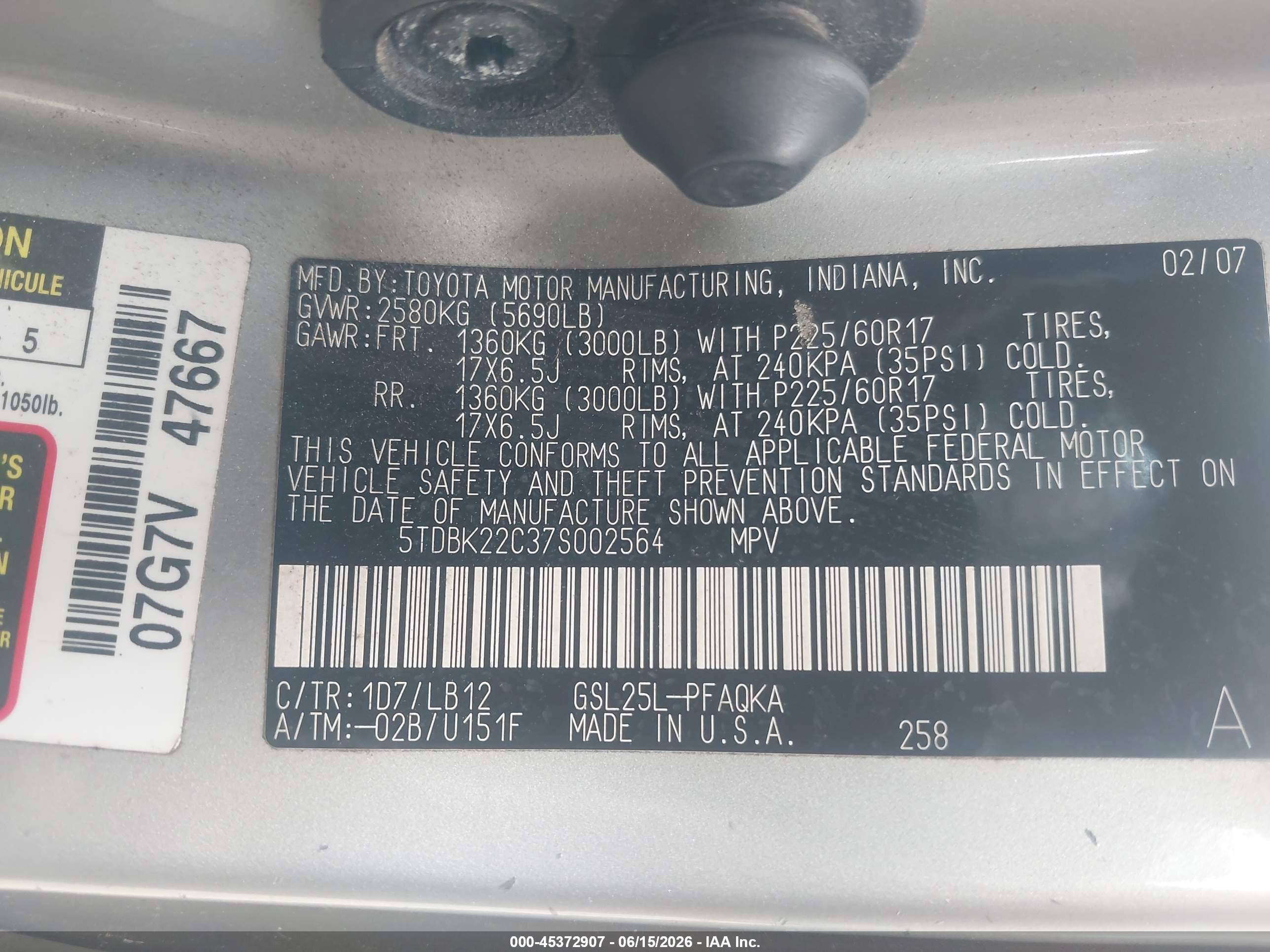 2007 Toyota Sienna Xle Silver vin: 5TDBK22C37S002564