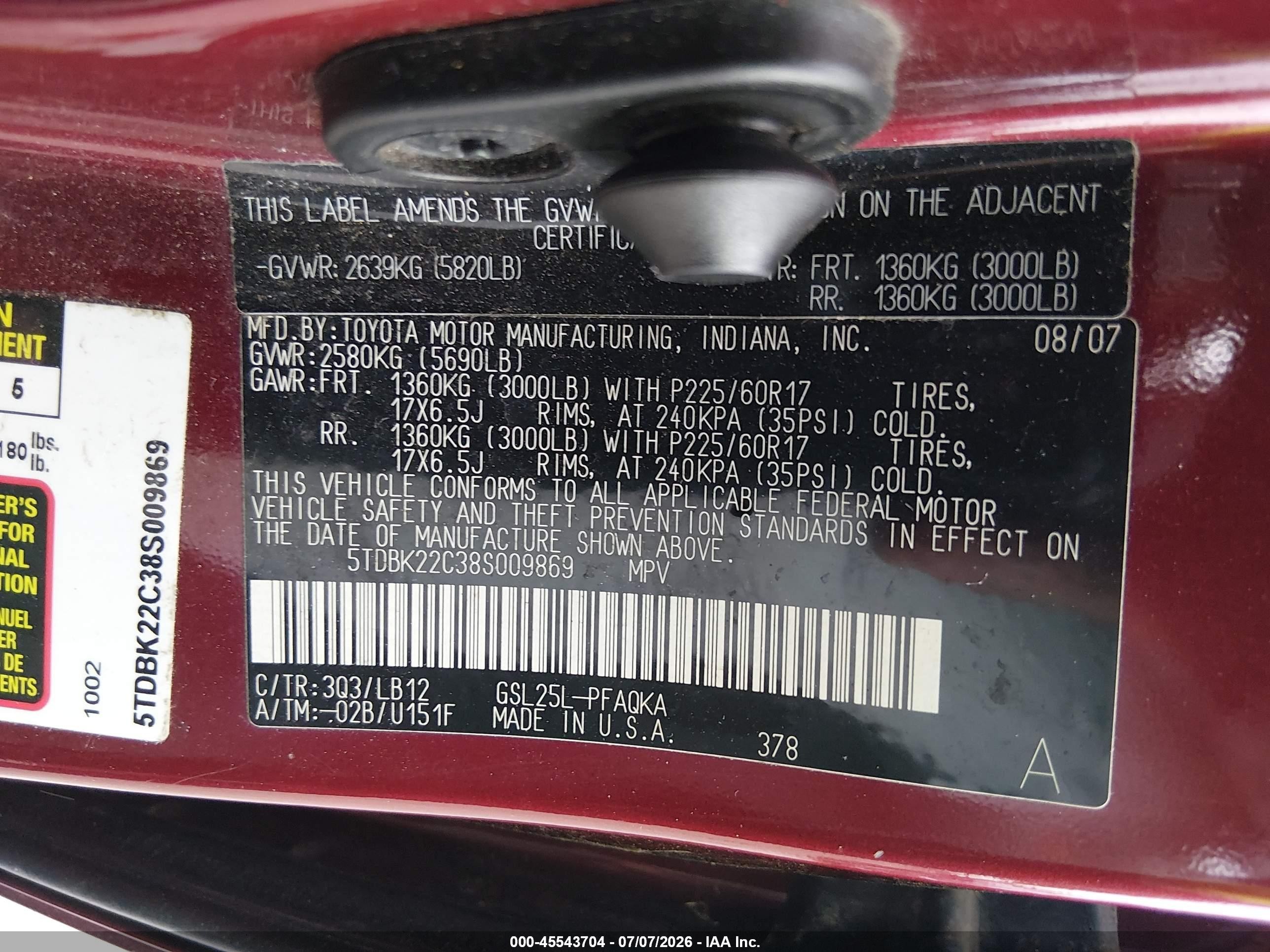 2008 Toyota Sienna Limited Red vin: 5TDBK22C38S009869