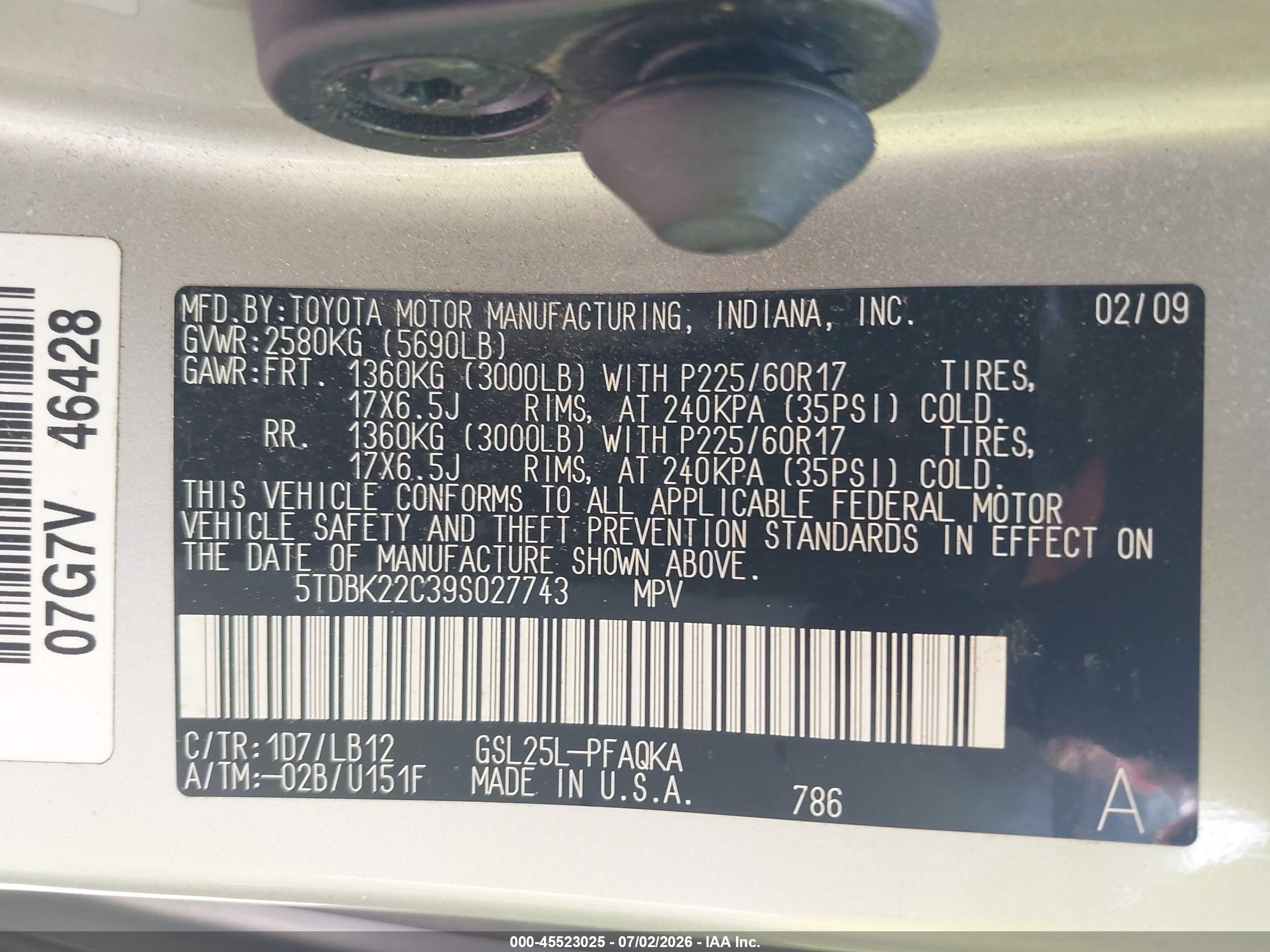 2009 Toyota Sienna Xle Pewter vin: 5TDBK22C39S027743