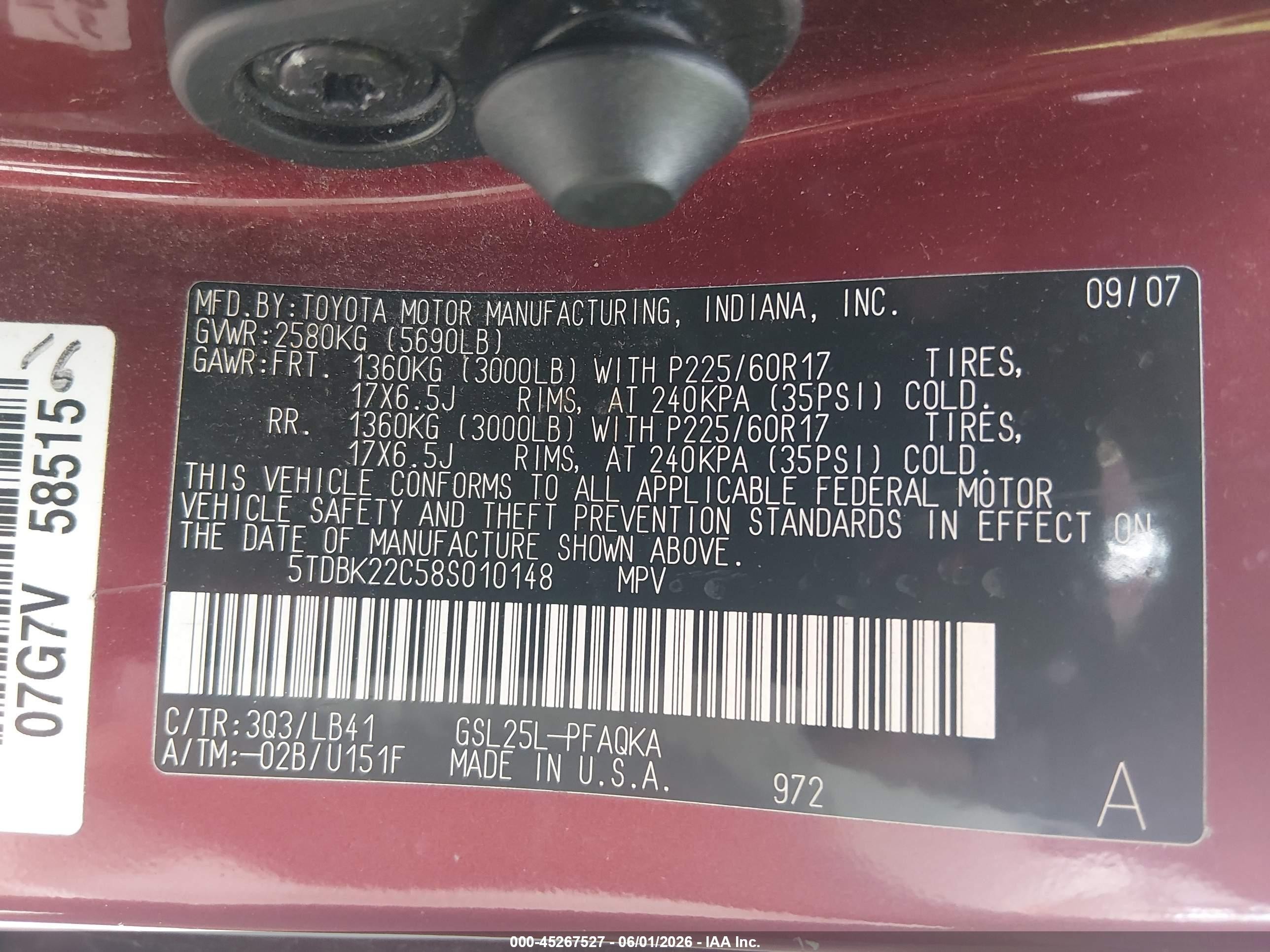 2008 Toyota Sienna Limited Maroon vin: 5TDBK22C58S010148