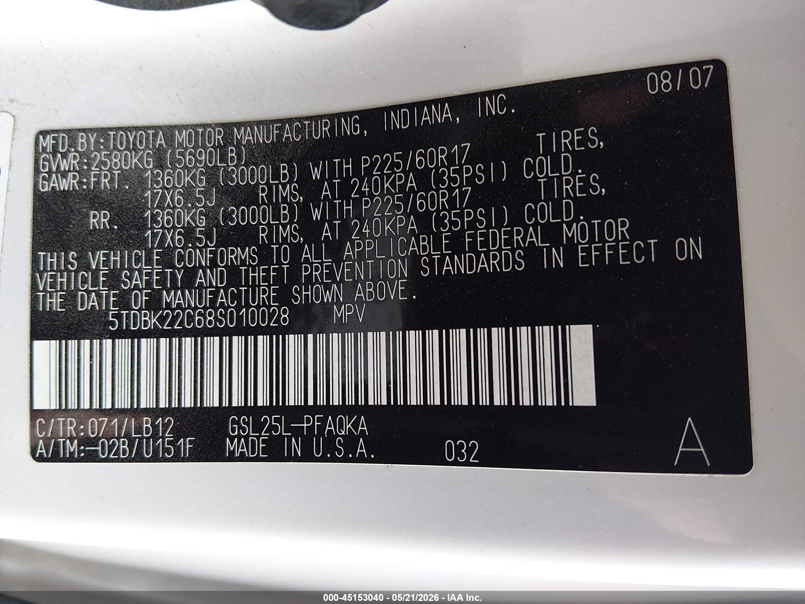 2008 Toyota Sienna Limited Белый vin: 5TDBK22C68S010028