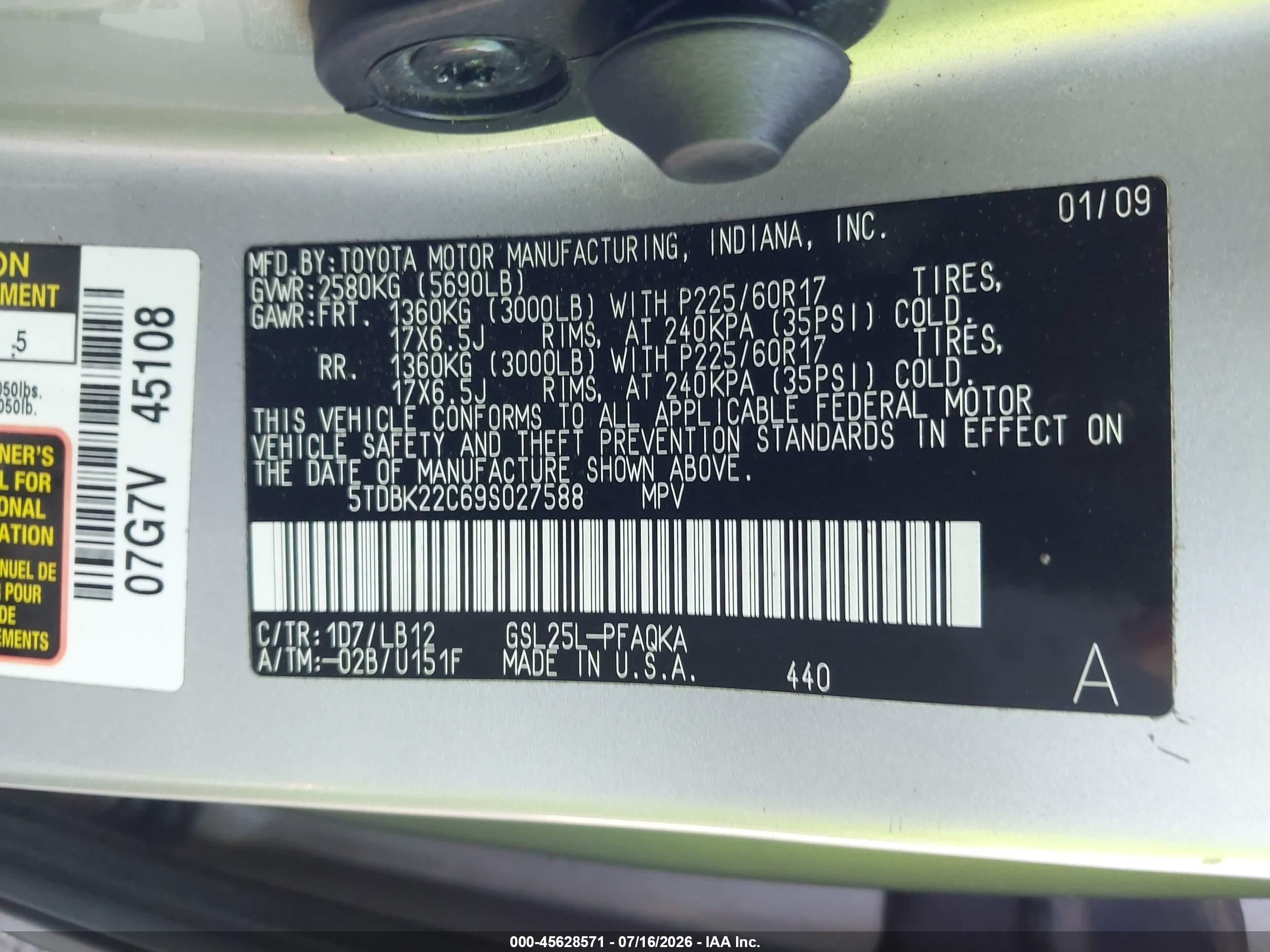 2009 Toyota Sienna Xle Champagne vin: 5TDBK22C69S027588
