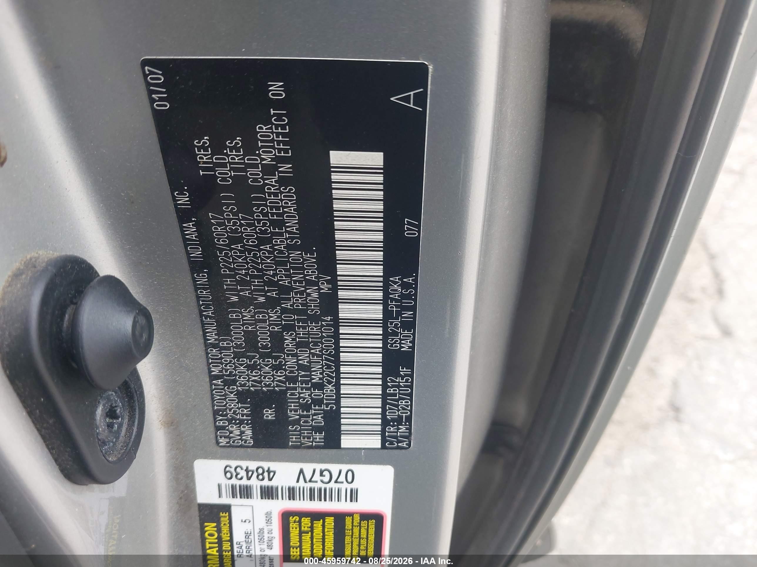 2007 Toyota Sienna Xle Silver vin: 5TDBK22C77S001014