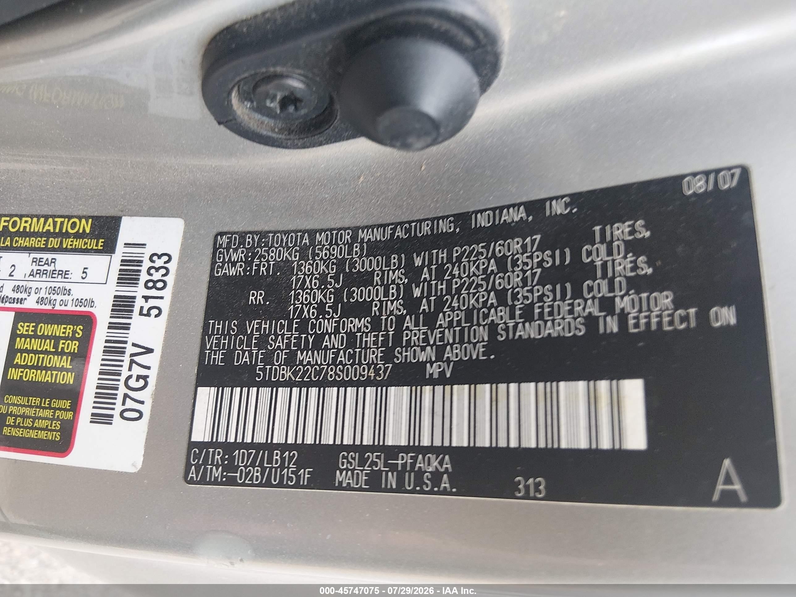 2008 Toyota Sienna Xle Серебряный vin: 5TDBK22C78S009437