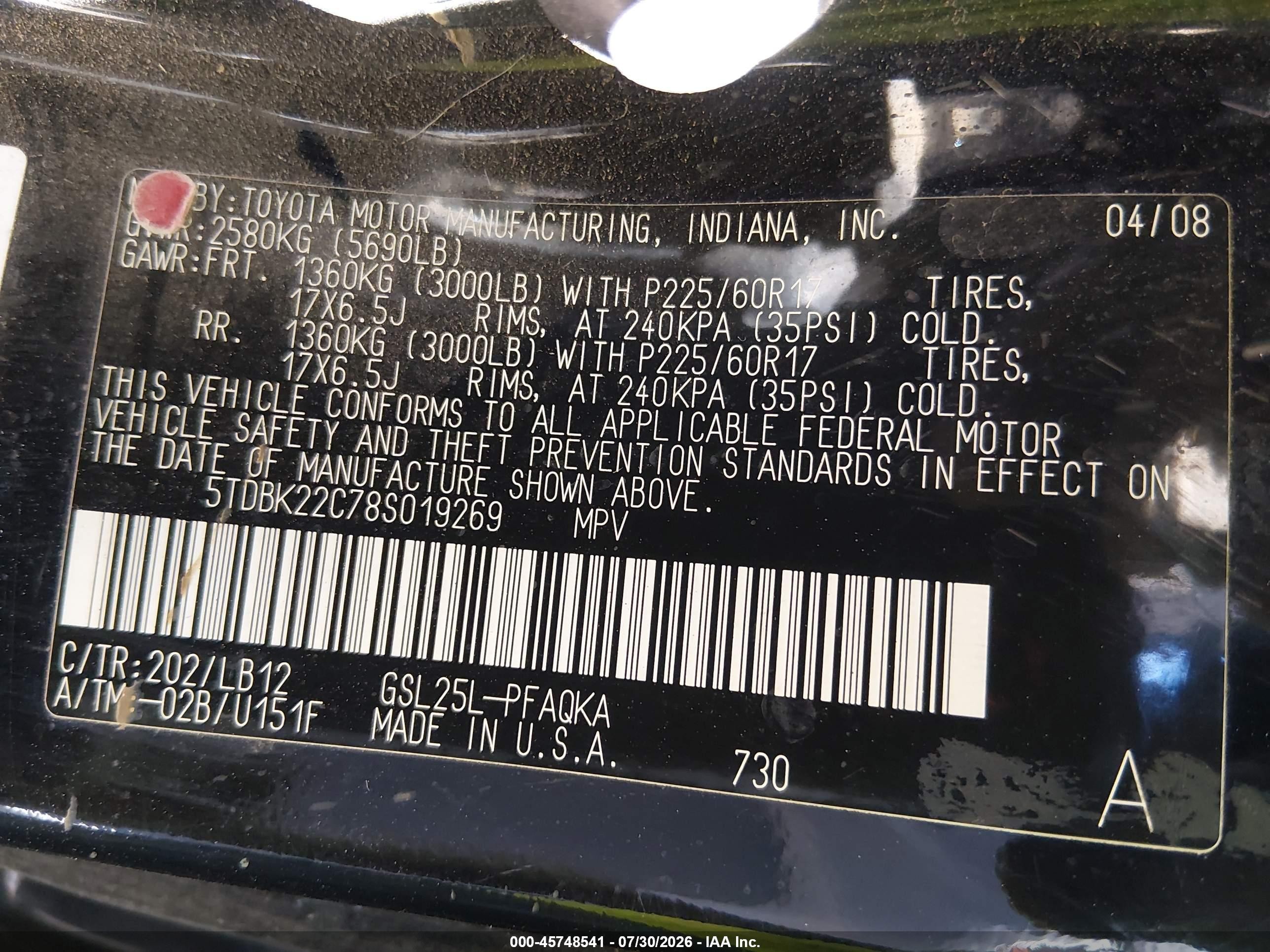 2008 Toyota Sienna Limited Black vin: 5TDBK22C78S019269