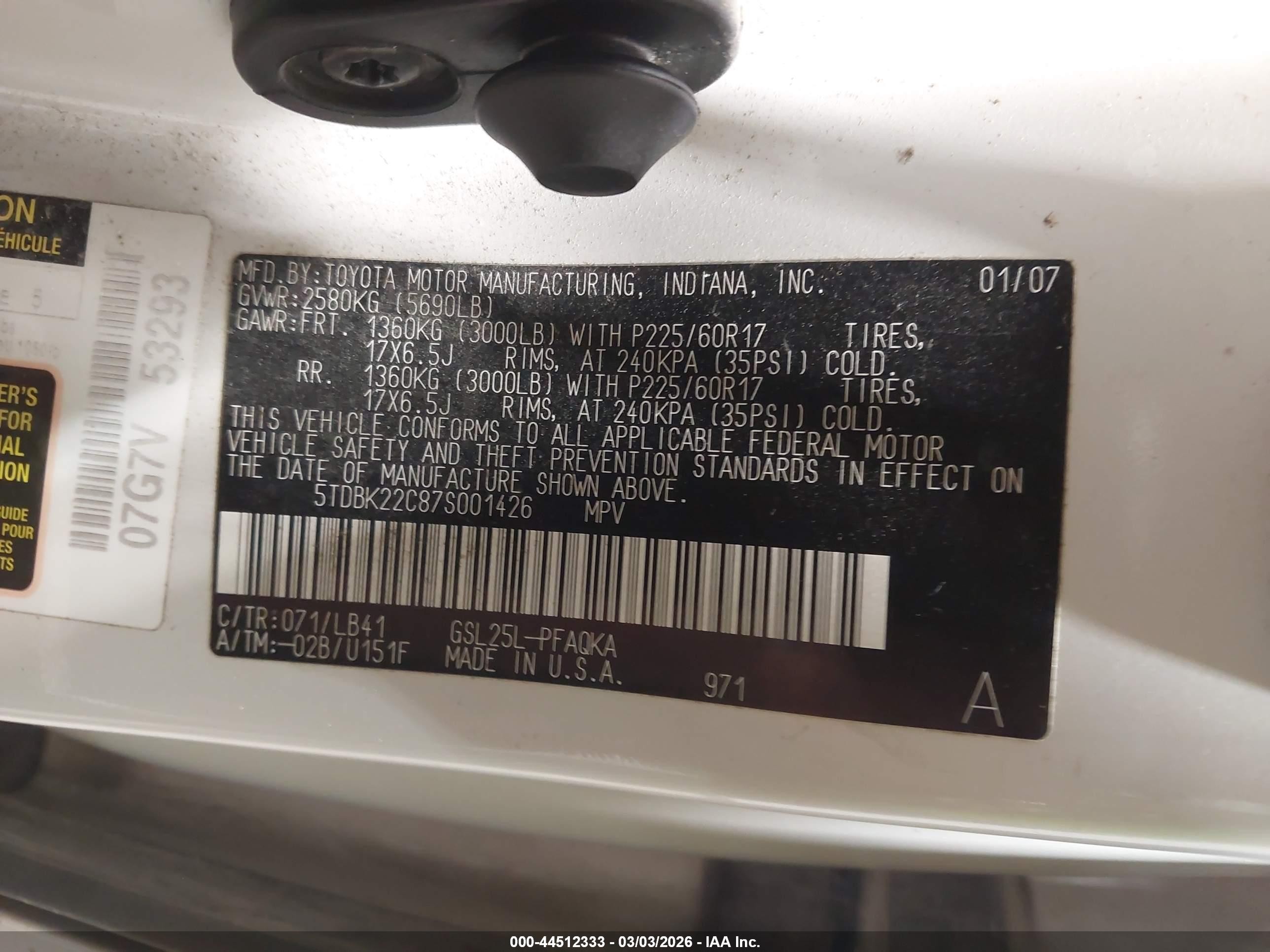 2007 Toyota Sienna Xle Limited White vin: 5TDBK22C87S001426