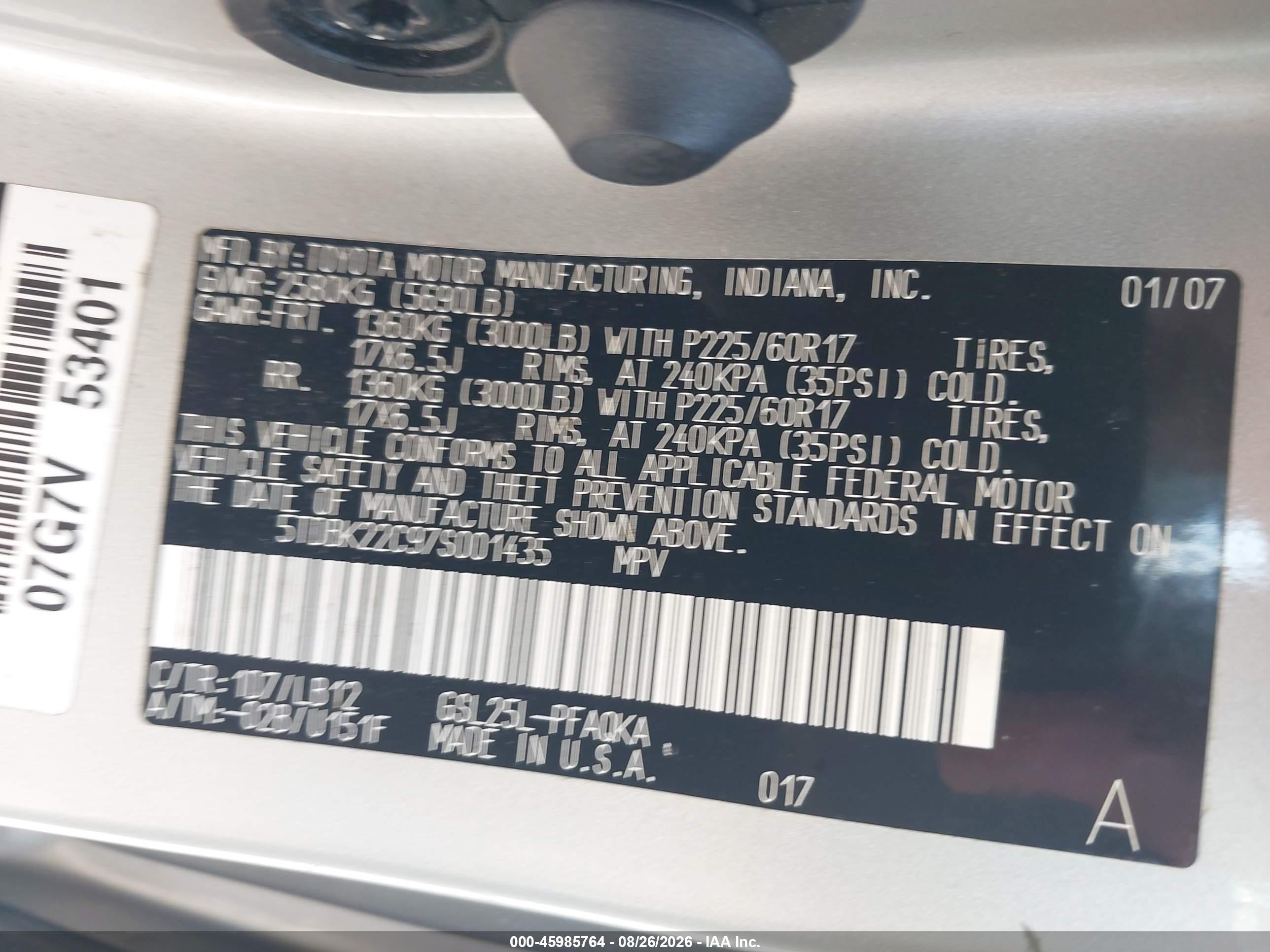 2007 Toyota Sienna Xle Limited Серебряный vin: 5TDBK22C97S001435