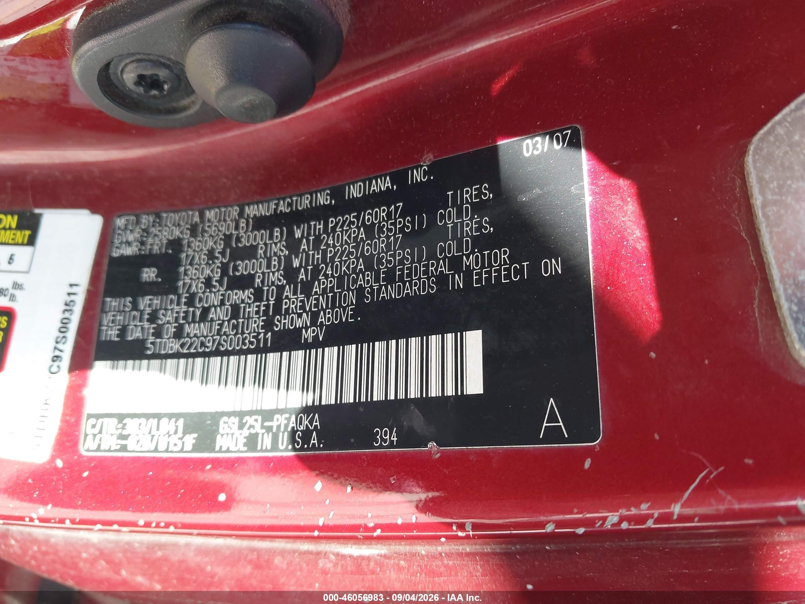 2007 Toyota Sienna Xle Burgundy vin: 5TDBK22C97S003511