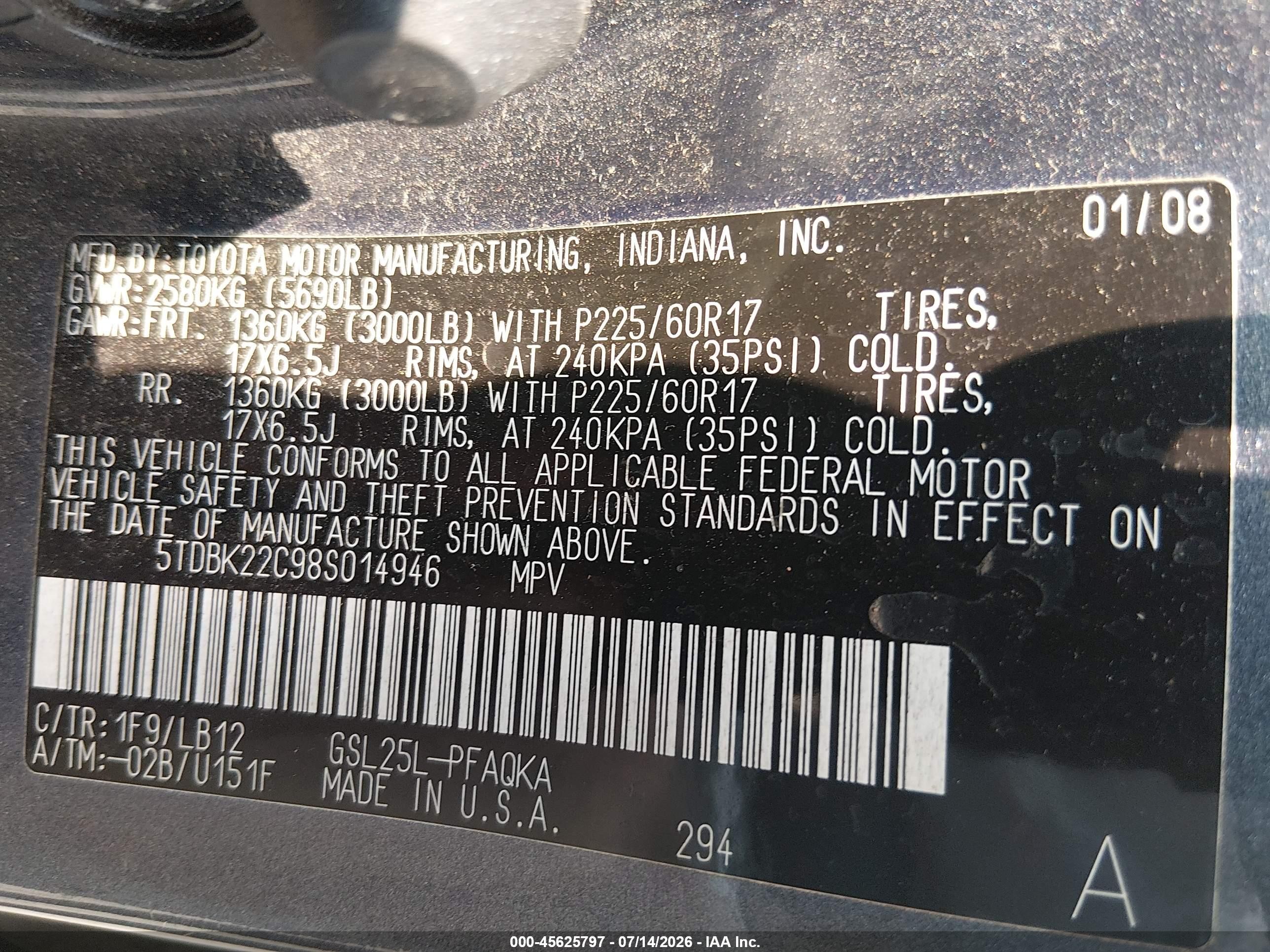 2008 Toyota Sienna Limited Blue vin: 5TDBK22C98S014946