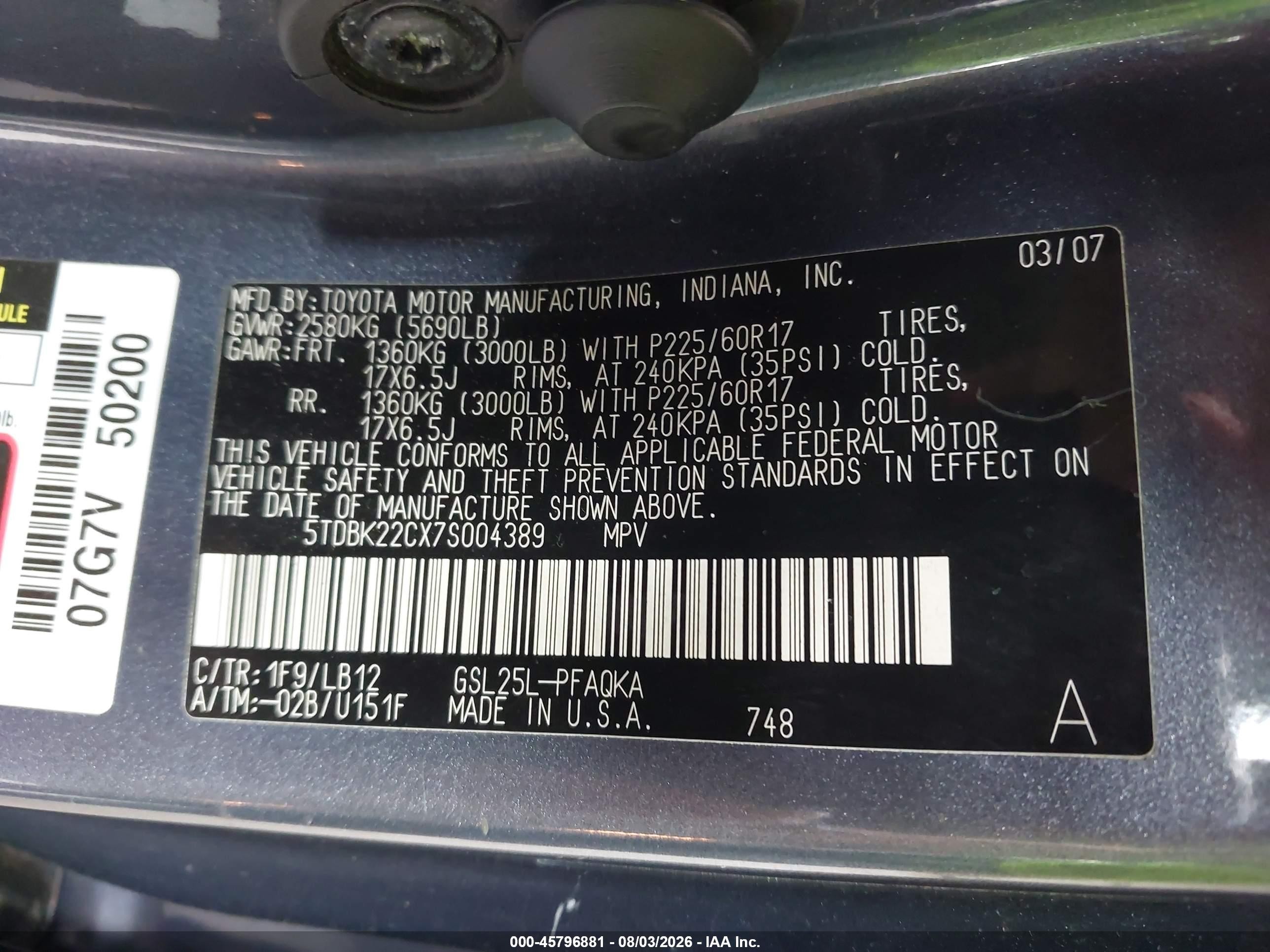 2007 Toyota Sienna Xle Gray vin: 5TDBK22CX7S004389