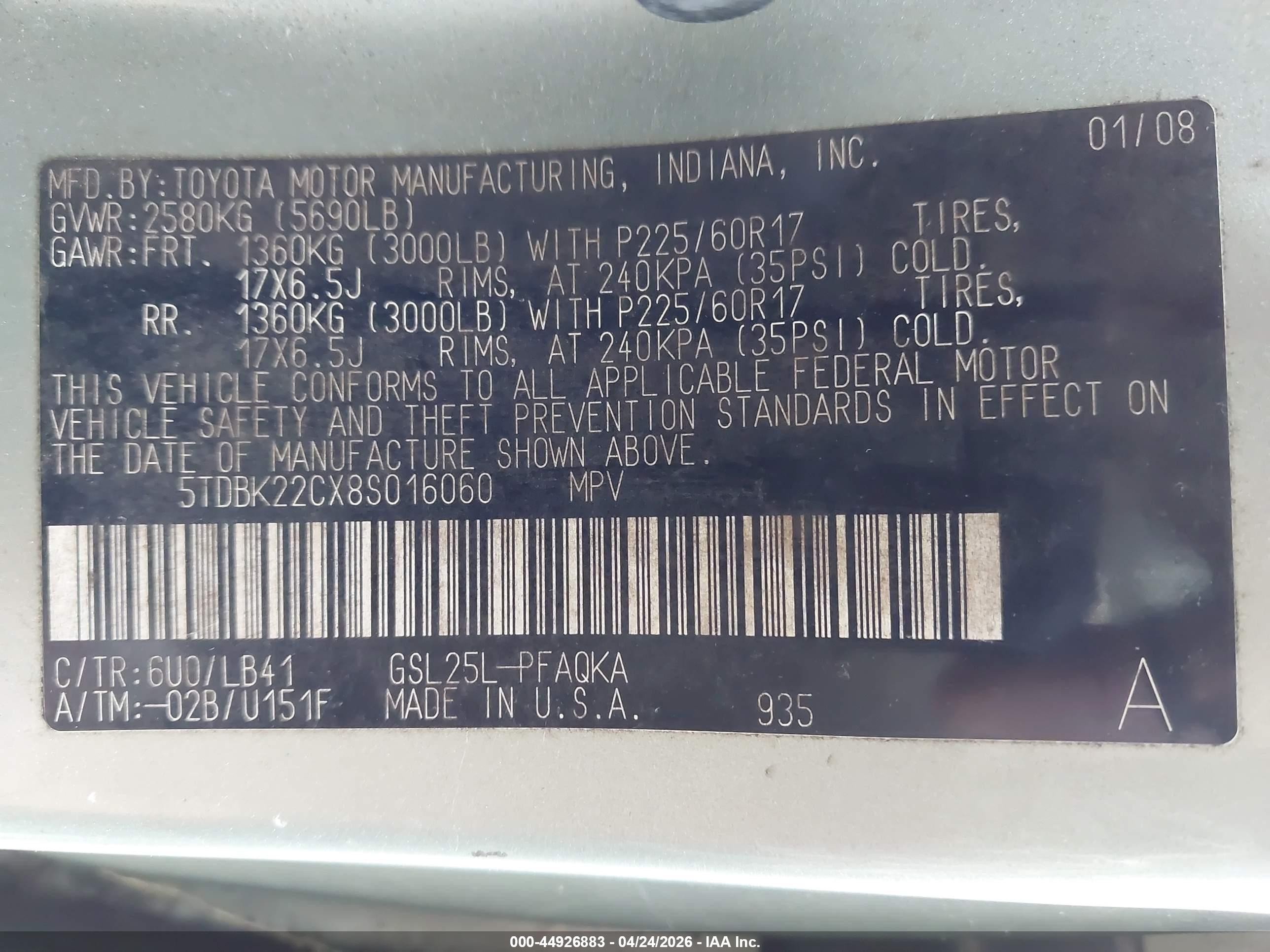 2008 Toyota Sienna Limited Green vin: 5TDBK22CX8S016060