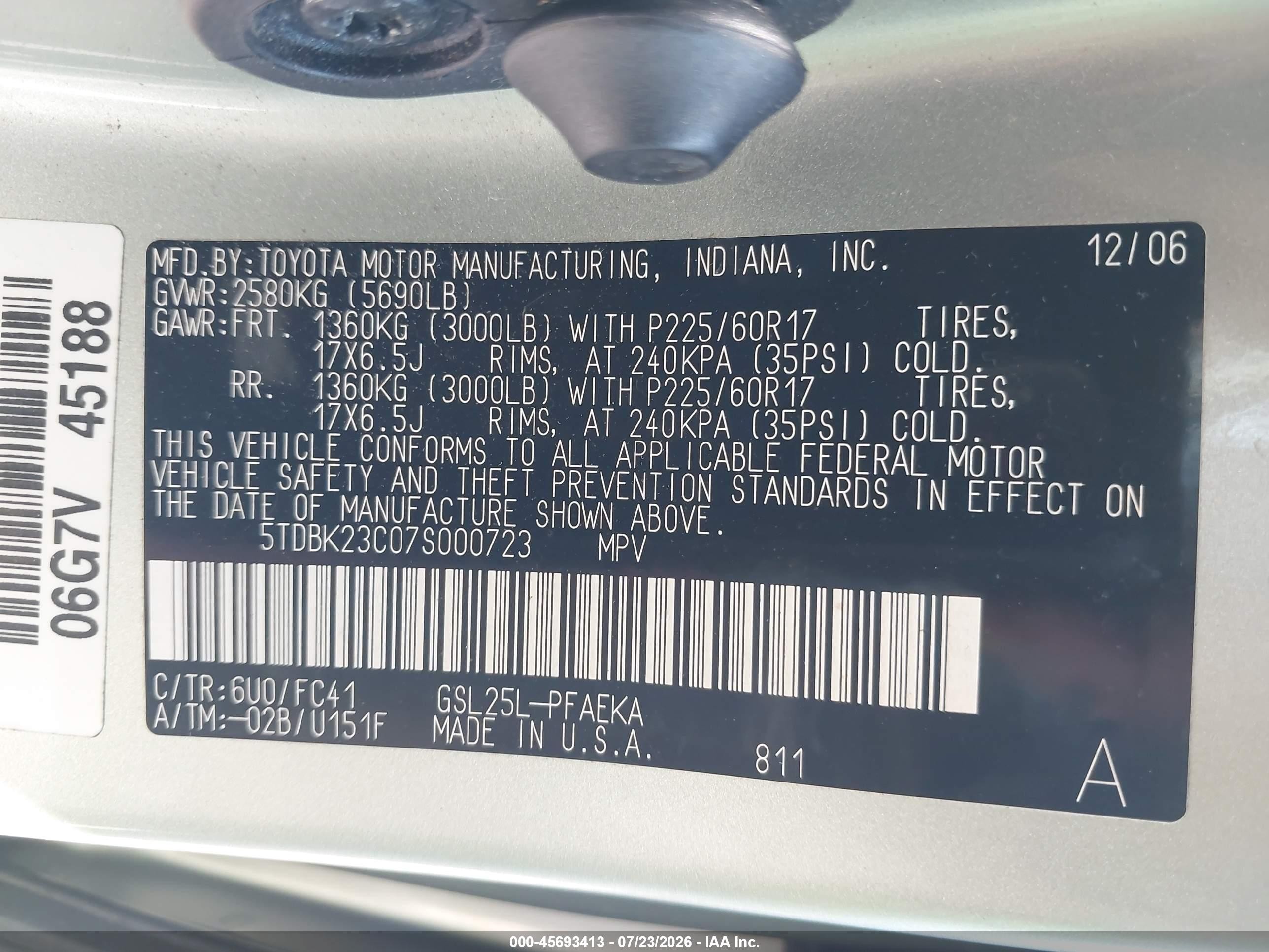 2007 Toyota Sienna Le Green vin: 5TDBK23C07S000723