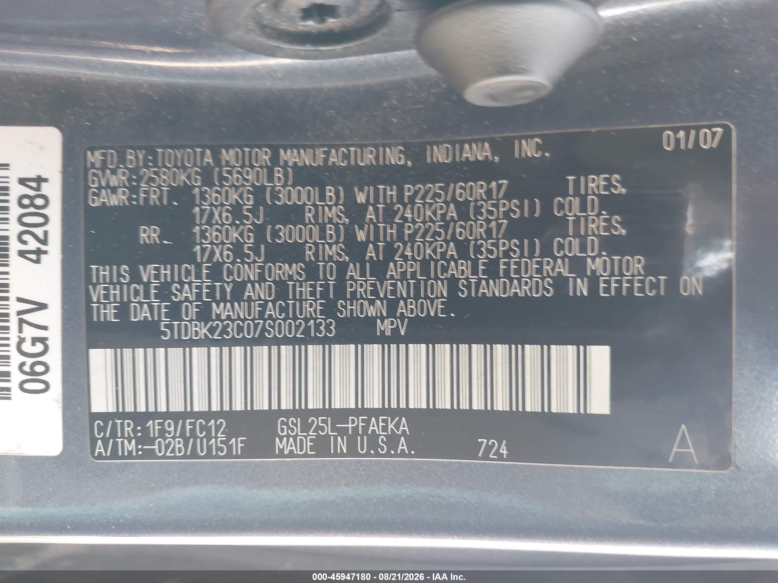 2007 Toyota Sienna Le Синий vin: 5TDBK23C07S002133