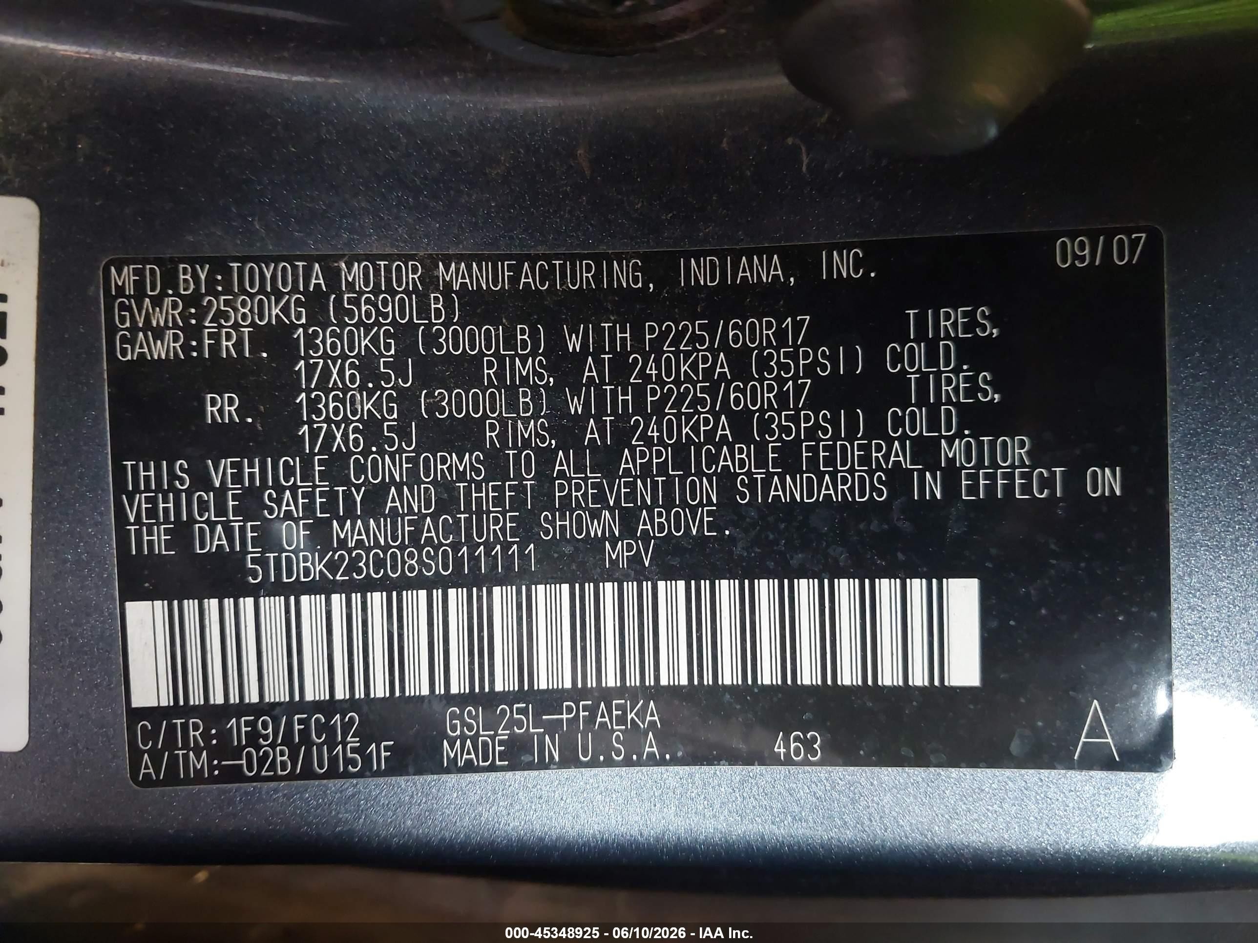 2008 Toyota Sienna Le Blue vin: 5TDBK23C08S011111