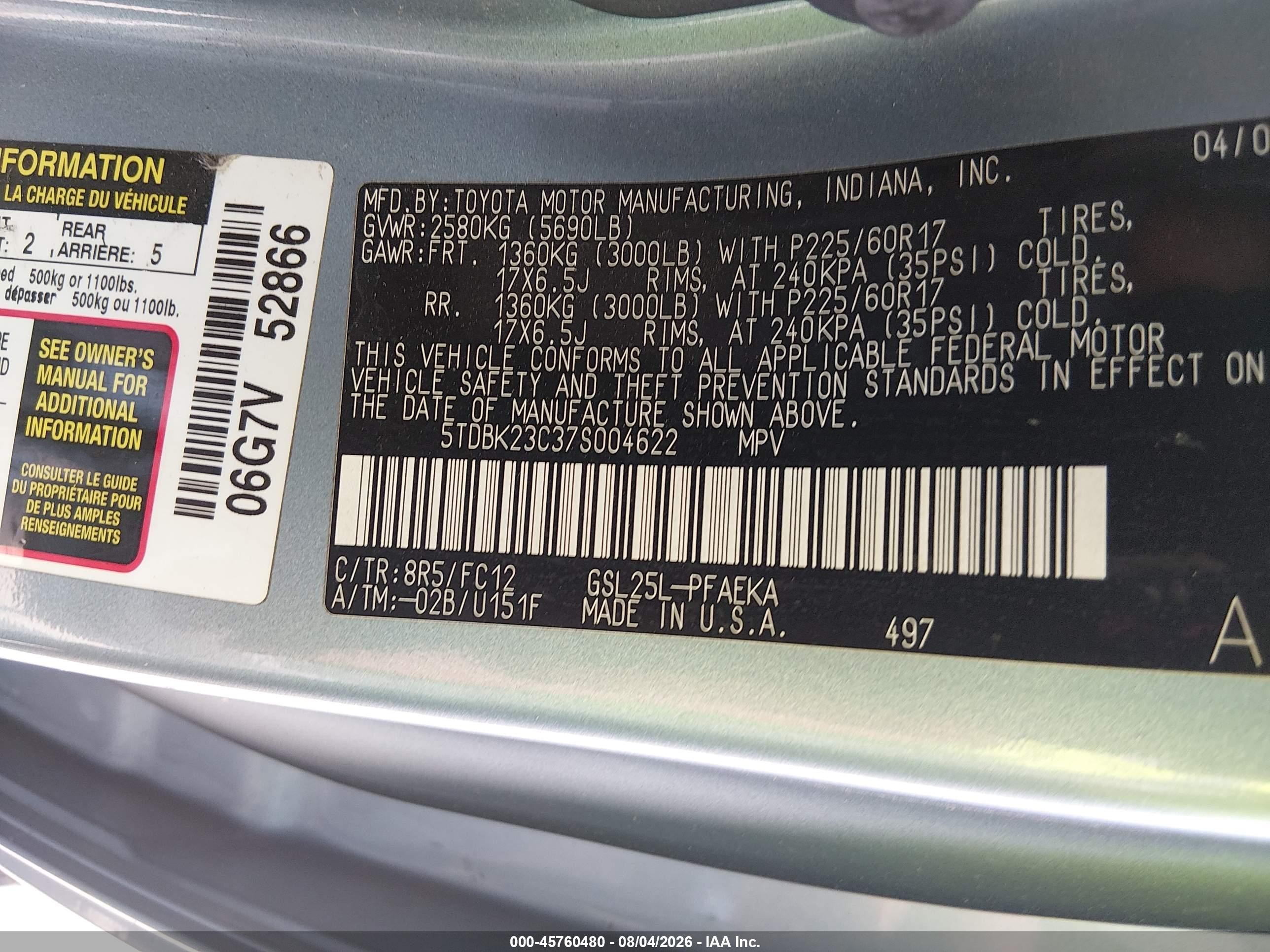 2007 Toyota Sienna Le Light Blue vin: 5TDBK23C37S004622