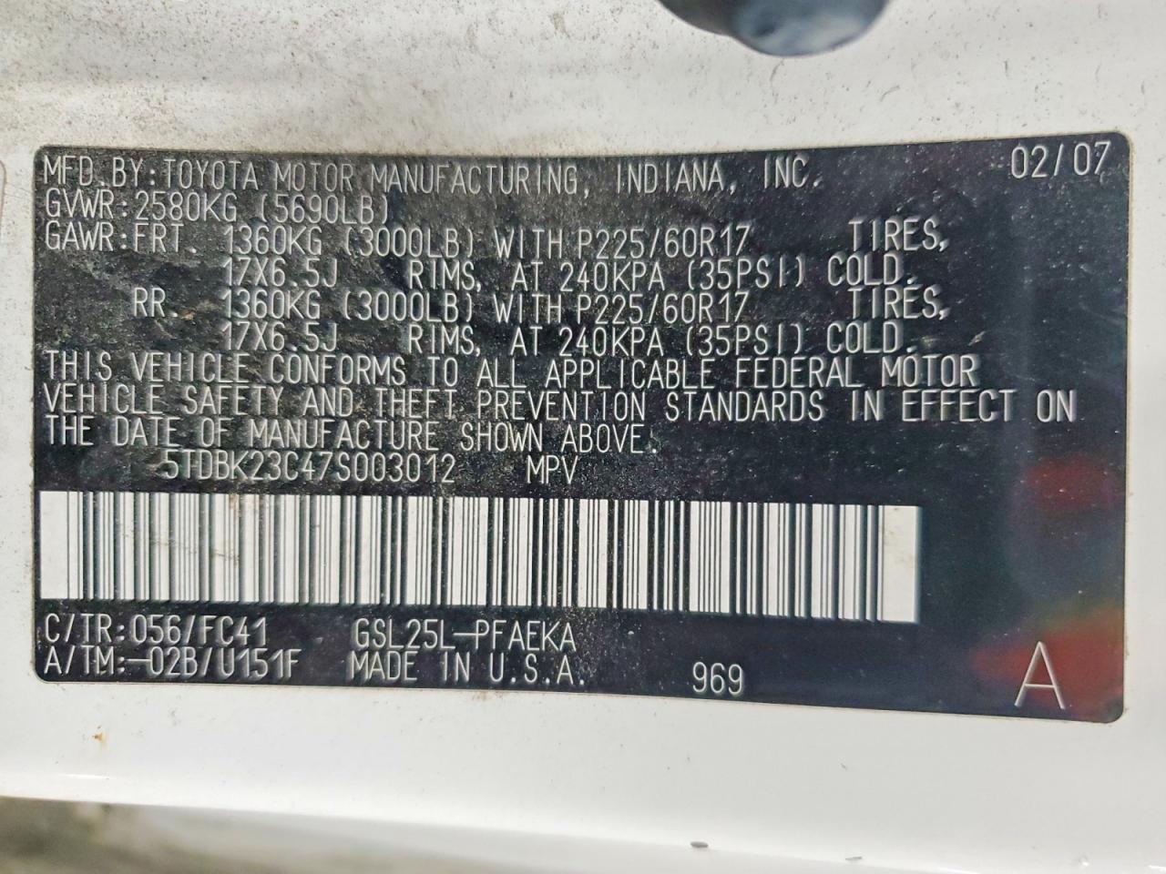 2007 Toyota Sienna Le Белый vin: 5TDBK23C47S003012