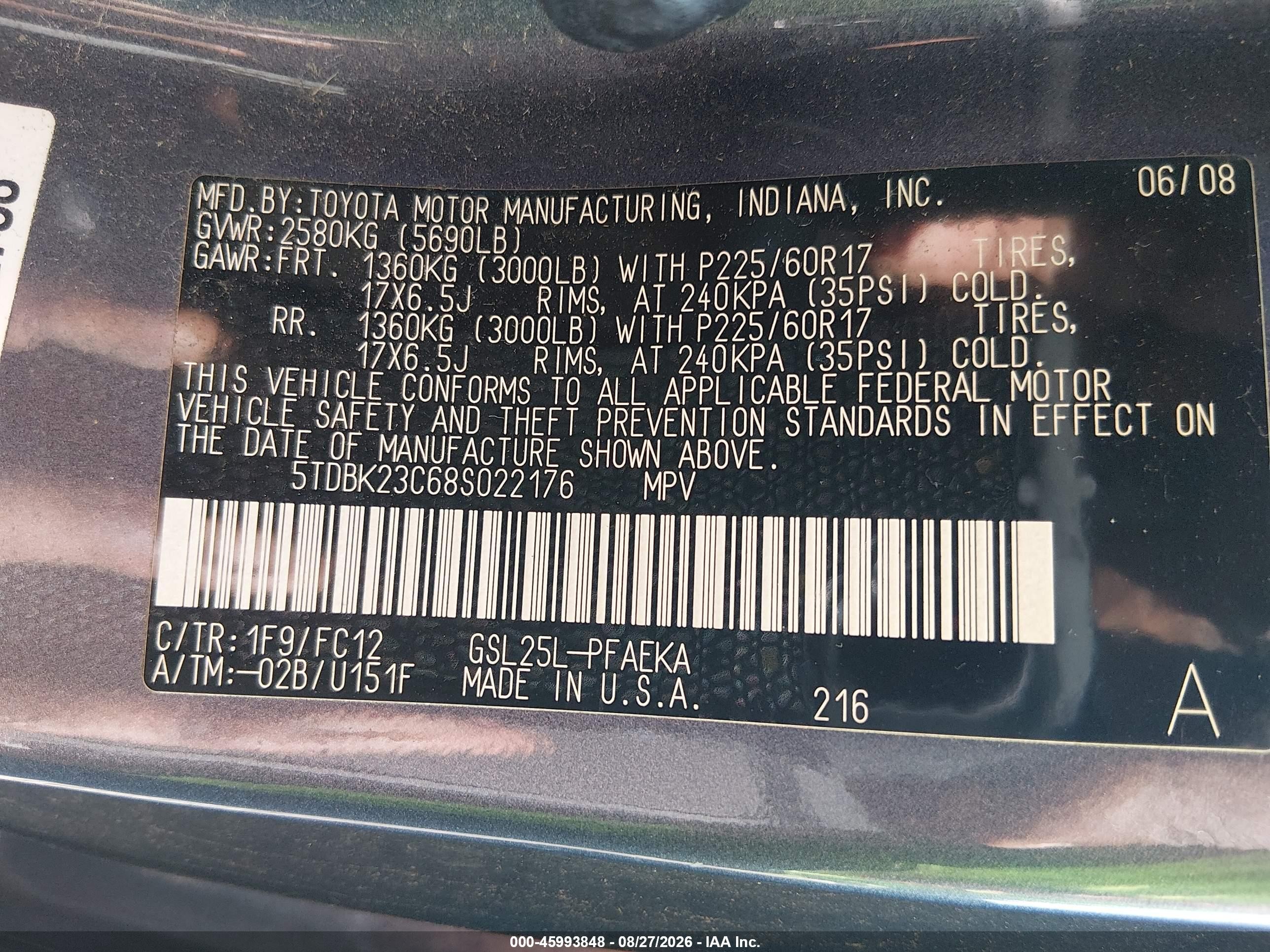2008 Toyota Sienna Le Gray vin: 5TDBK23C68S022176