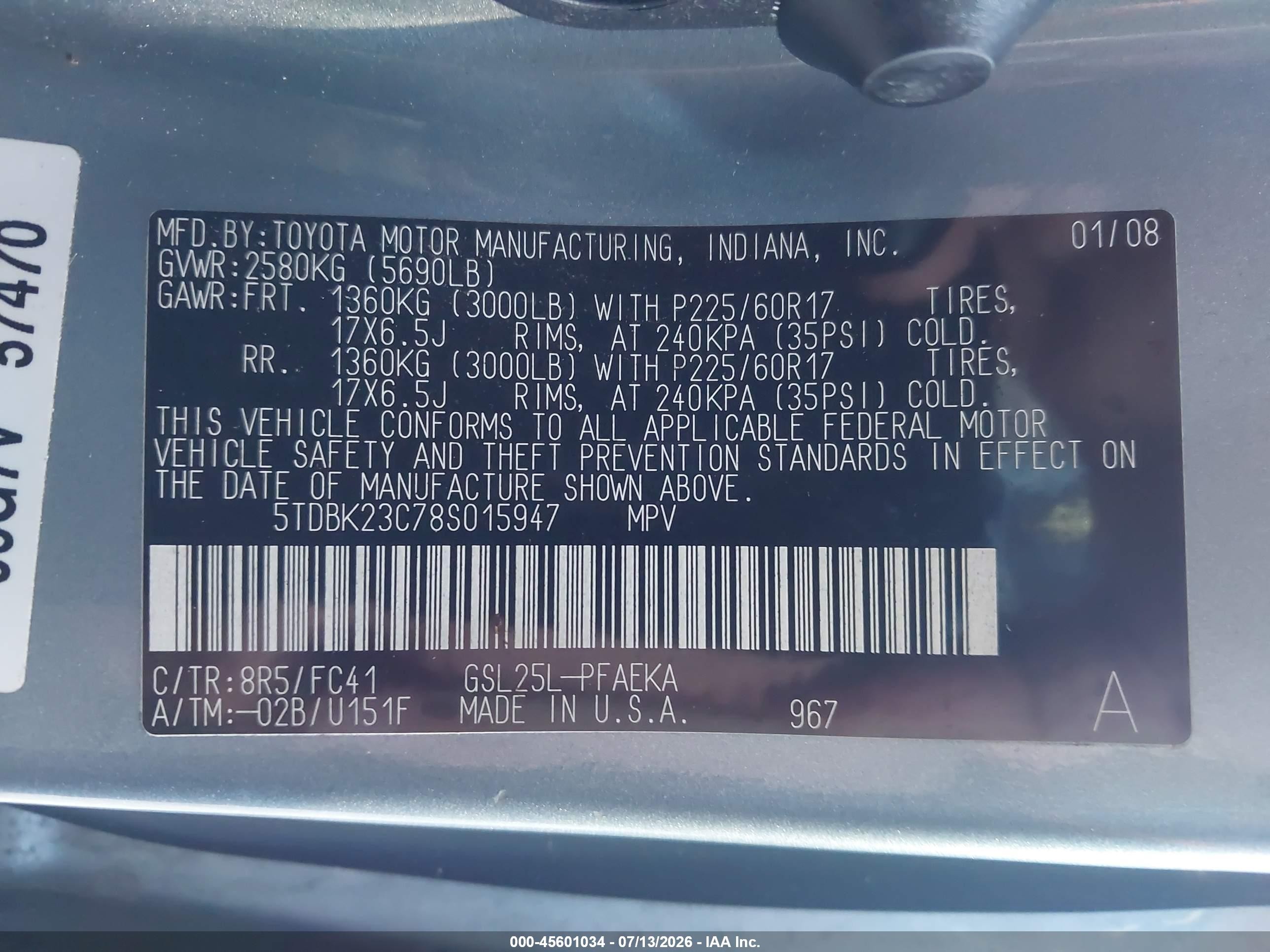 2008 Toyota Sienna Le Blue vin: 5TDBK23C78S015947