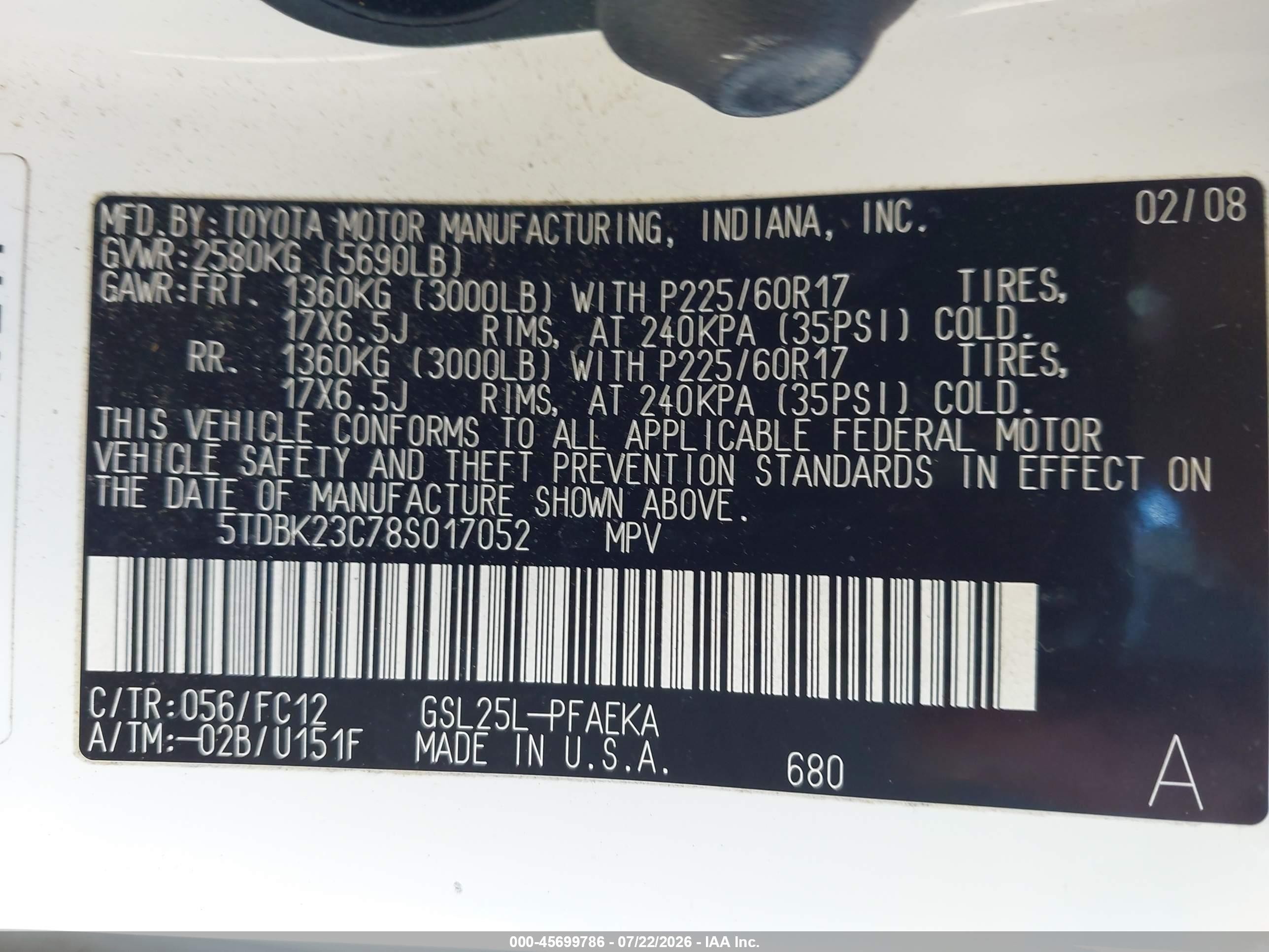 2008 Toyota Sienna Le Белый vin: 5TDBK23C78S017052