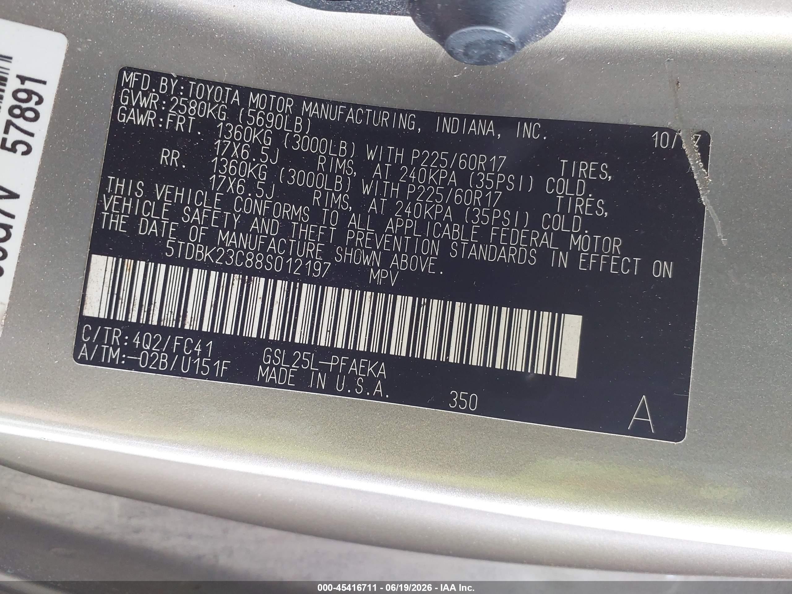 2008 Toyota Sienna Le Beige vin: 5TDBK23C88S012197