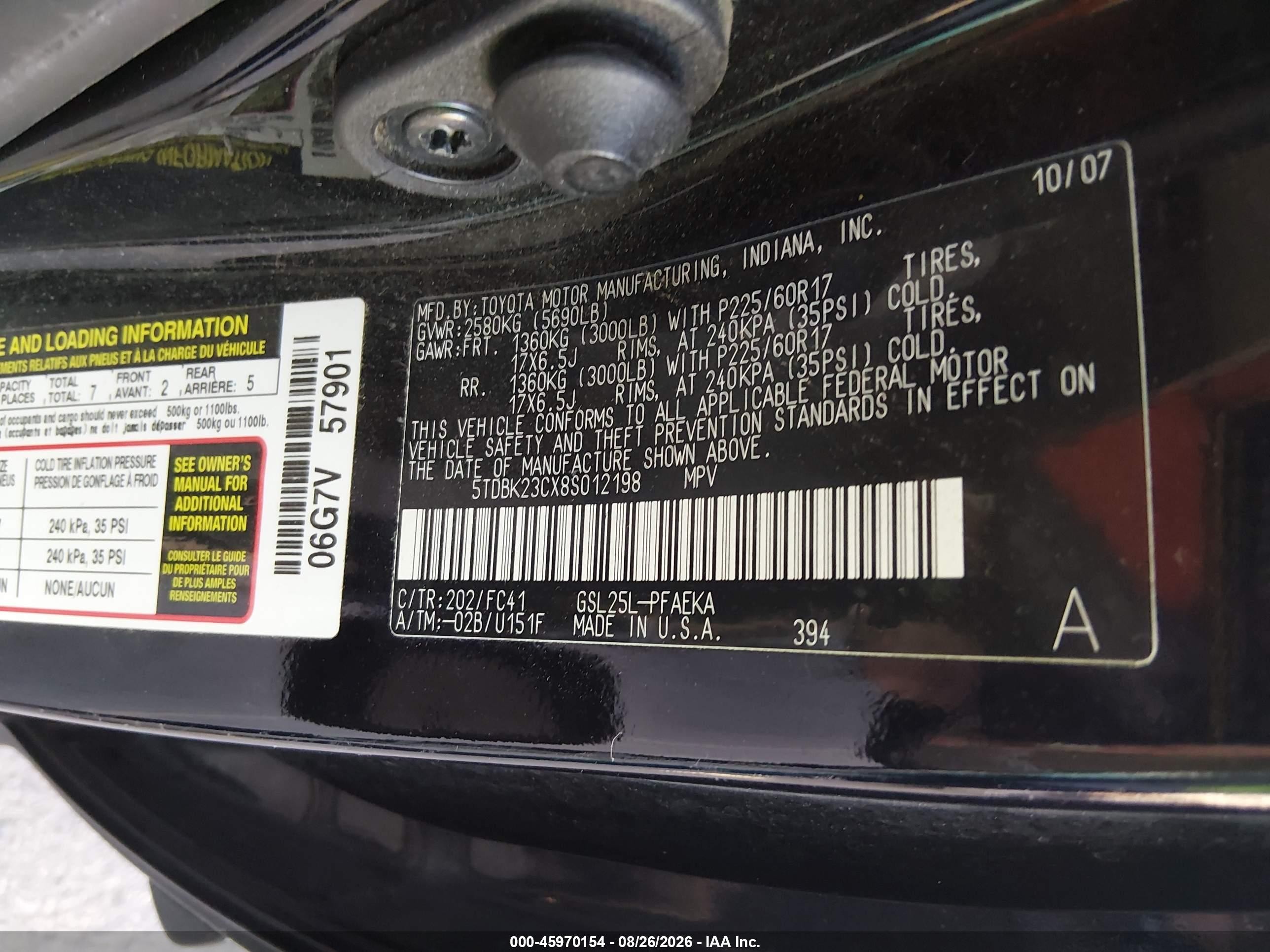 2008 Toyota Sienna Le Black vin: 5TDBK23CX8S012198