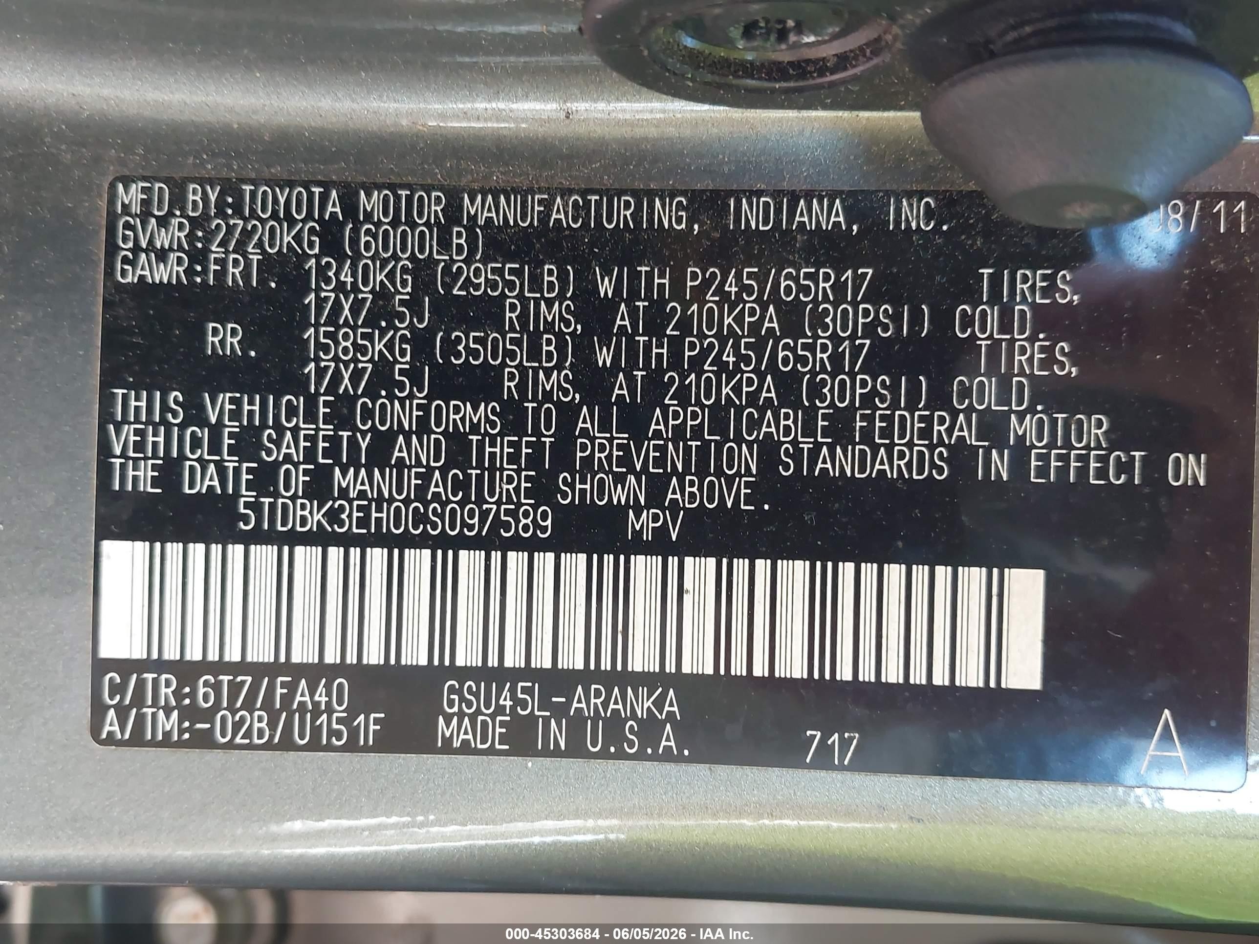 2012 Toyota Highlander Base V6 Gray vin: 5TDBK3EH0CS097589